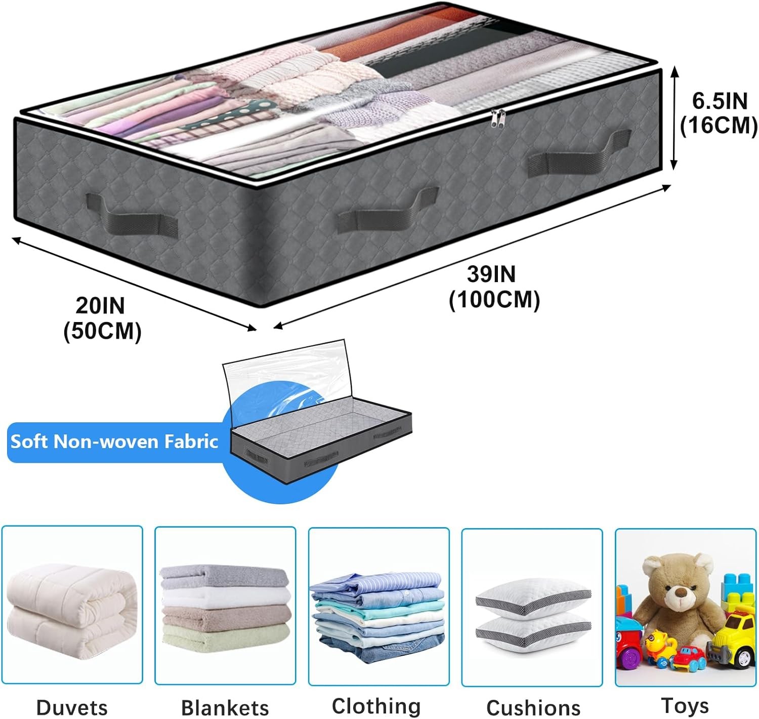 4 Pack Under Bed Storage, 90L Collapsible 39"L x 20"W x 7"H, Grey-4Pack