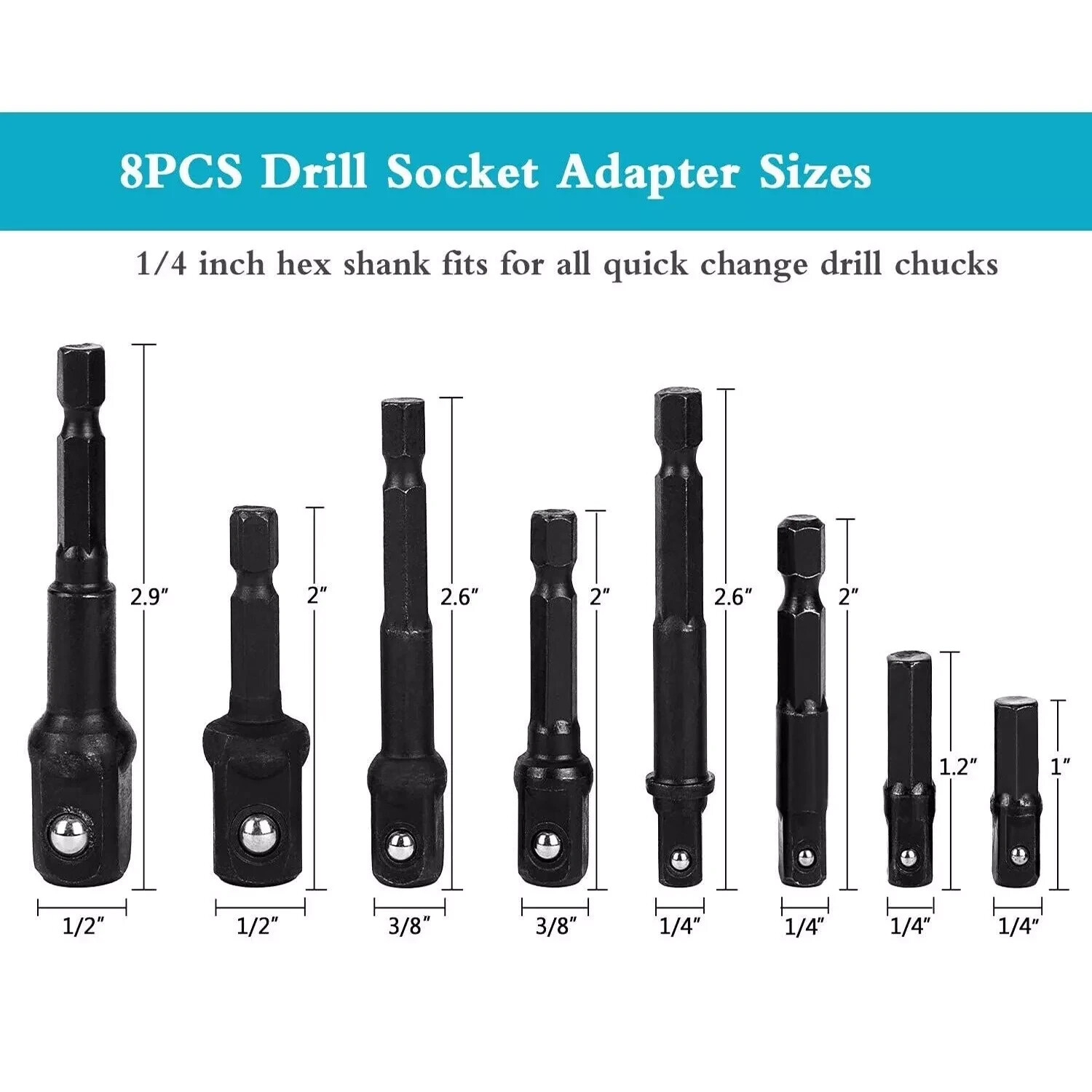 12pcs Drill Socket Adapter and Reducer Hex Extension Bit Set 1/4 3/8 1/2 Inch