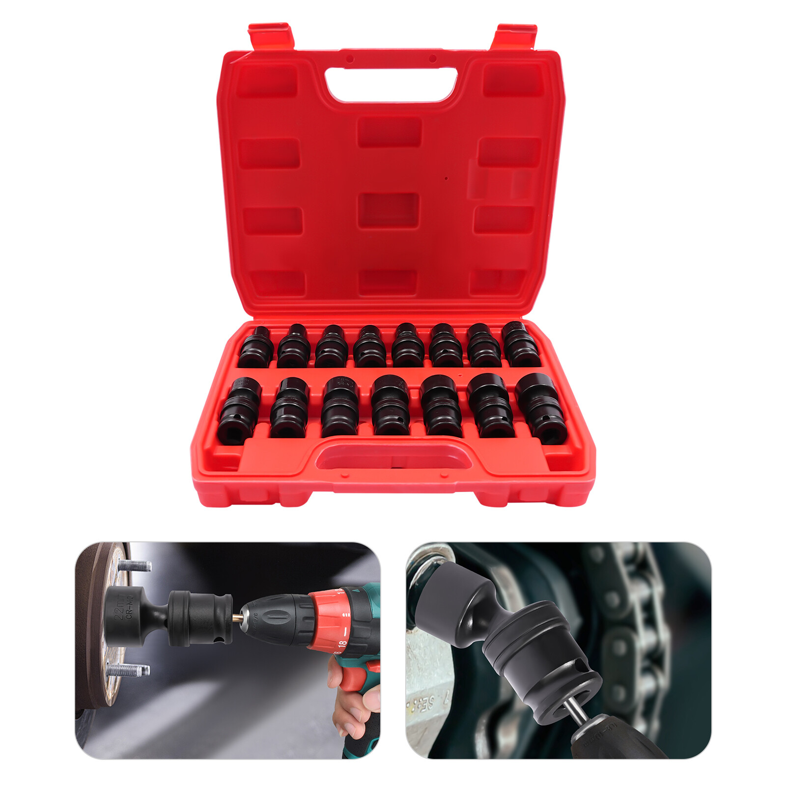 3/8" Drive Shallow Impact Universal Joint Socket Set, 15-Piece Swivel Socket Set