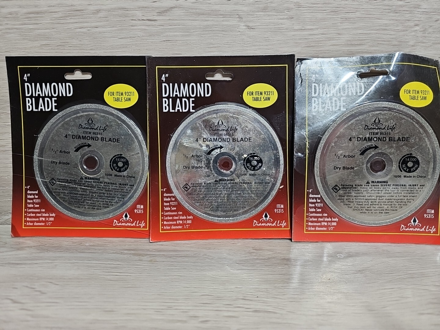 4" Diamond Blade Dry Blade RPM 14,000 Arbor Diam. 1/2" Diamond Life 95315 3 Lot