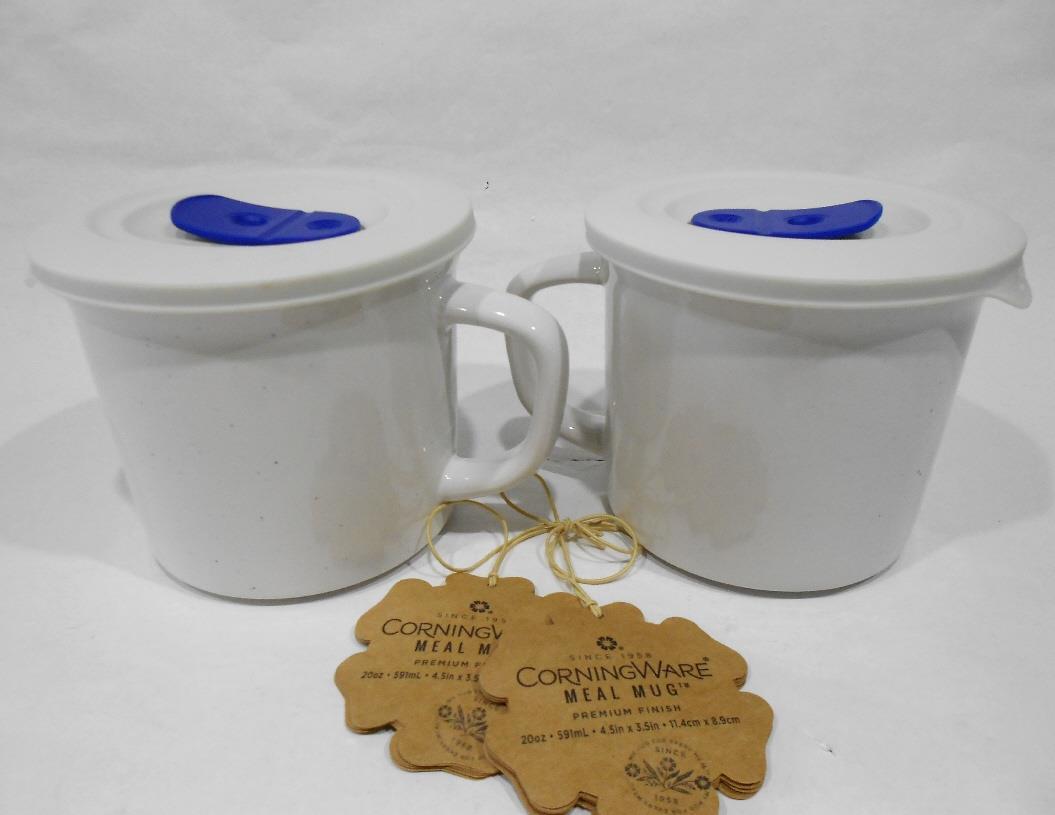 ❤️ 2 Speckled CORNINGWARE 20-oz Soup MEAL MUGS Stoneware w/ Microwave Vent Lids