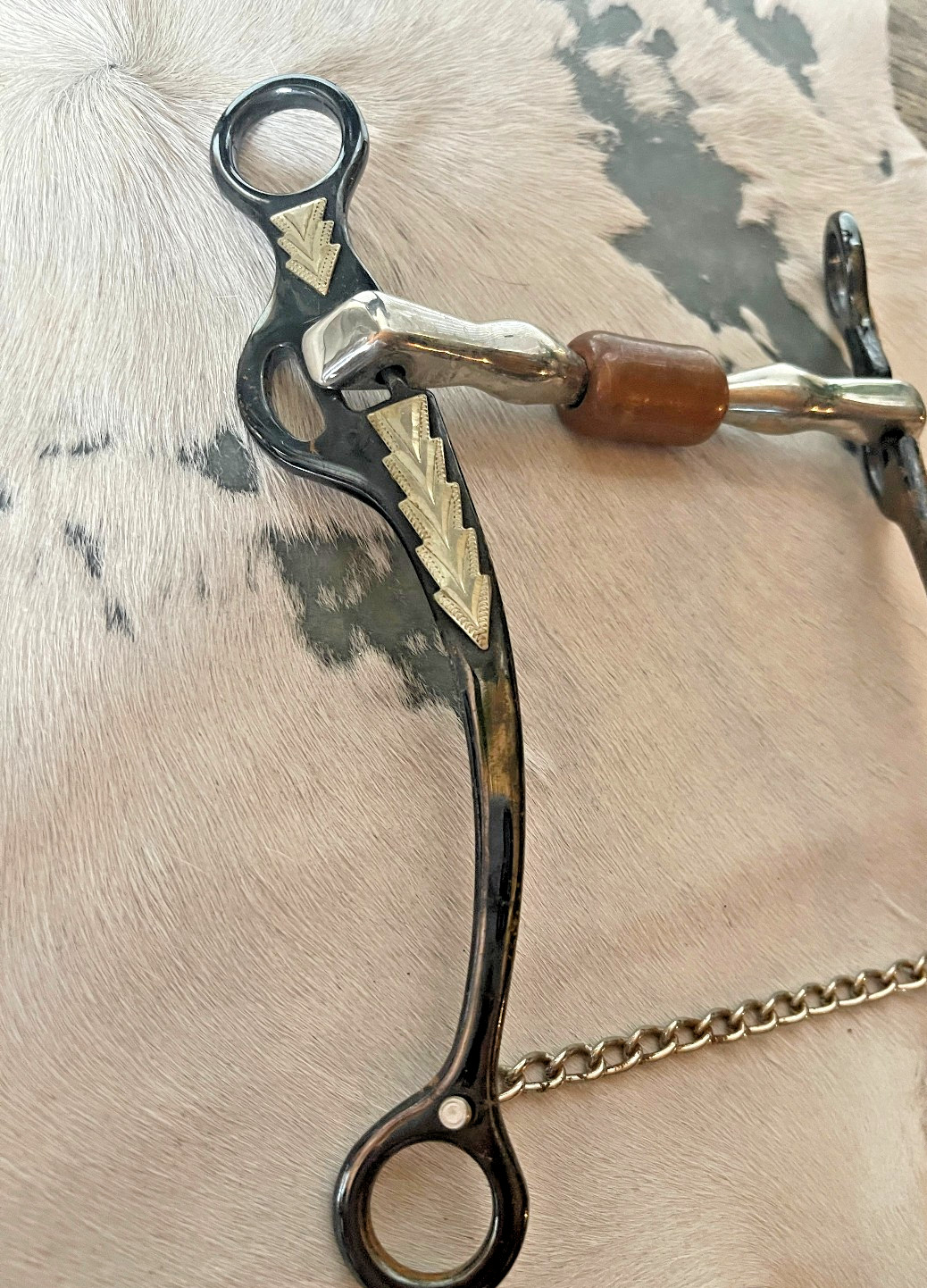 Long Shank Snaffle Bit Five and a half in Mouth Copper Roller chain Black Silver