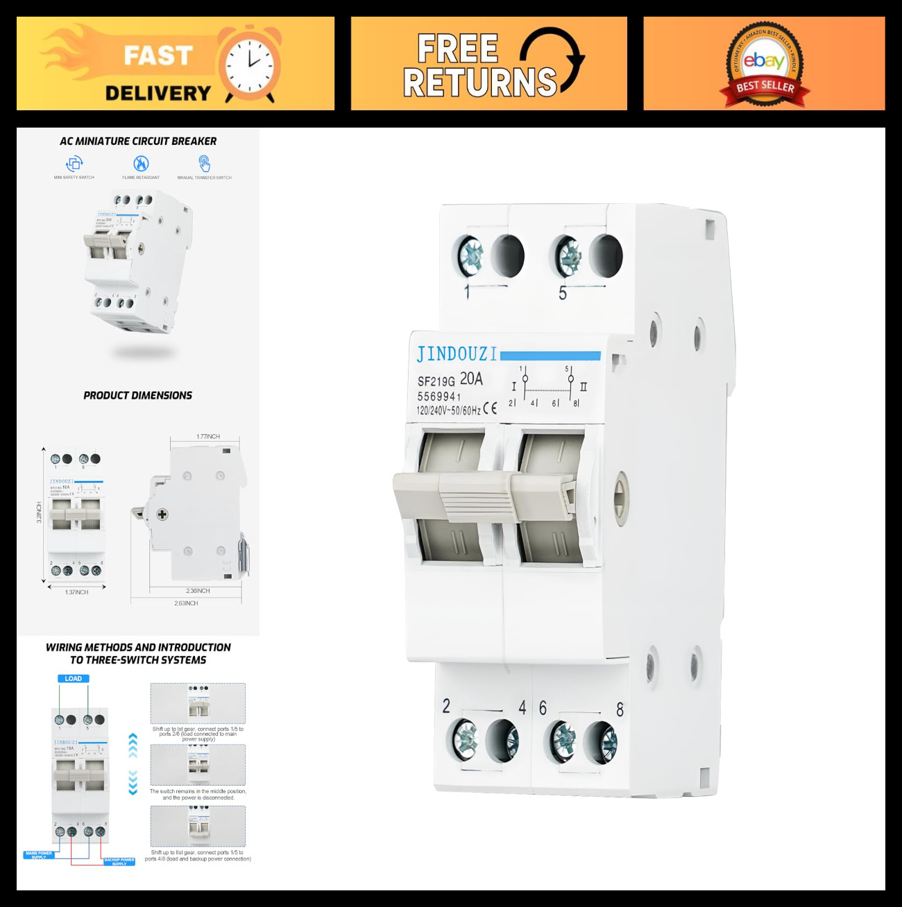 Mini Manual Transfer Switch 2P 20A, AC110V/240V Dual Power Changeover Switch for