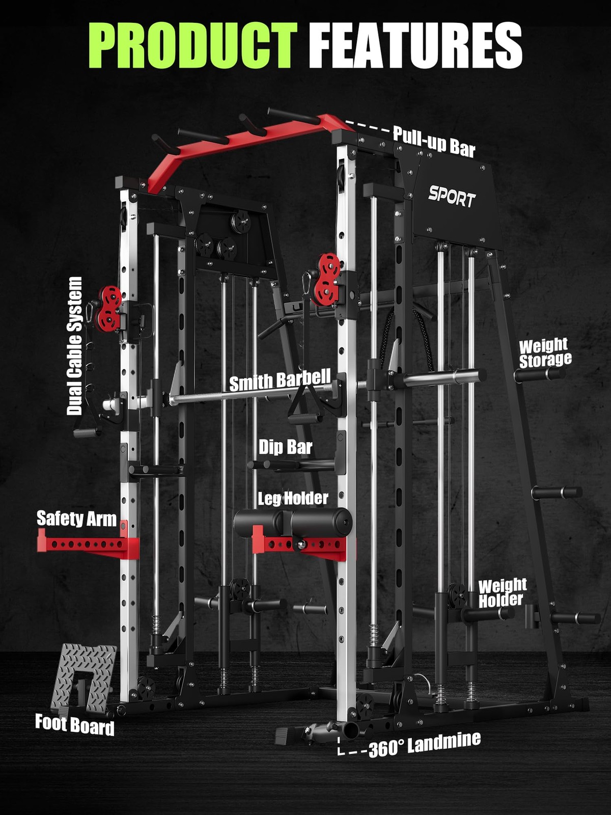 Smith Machine Strength Training Power Cage Lat-Pull Down System 2200lbSquat Rack