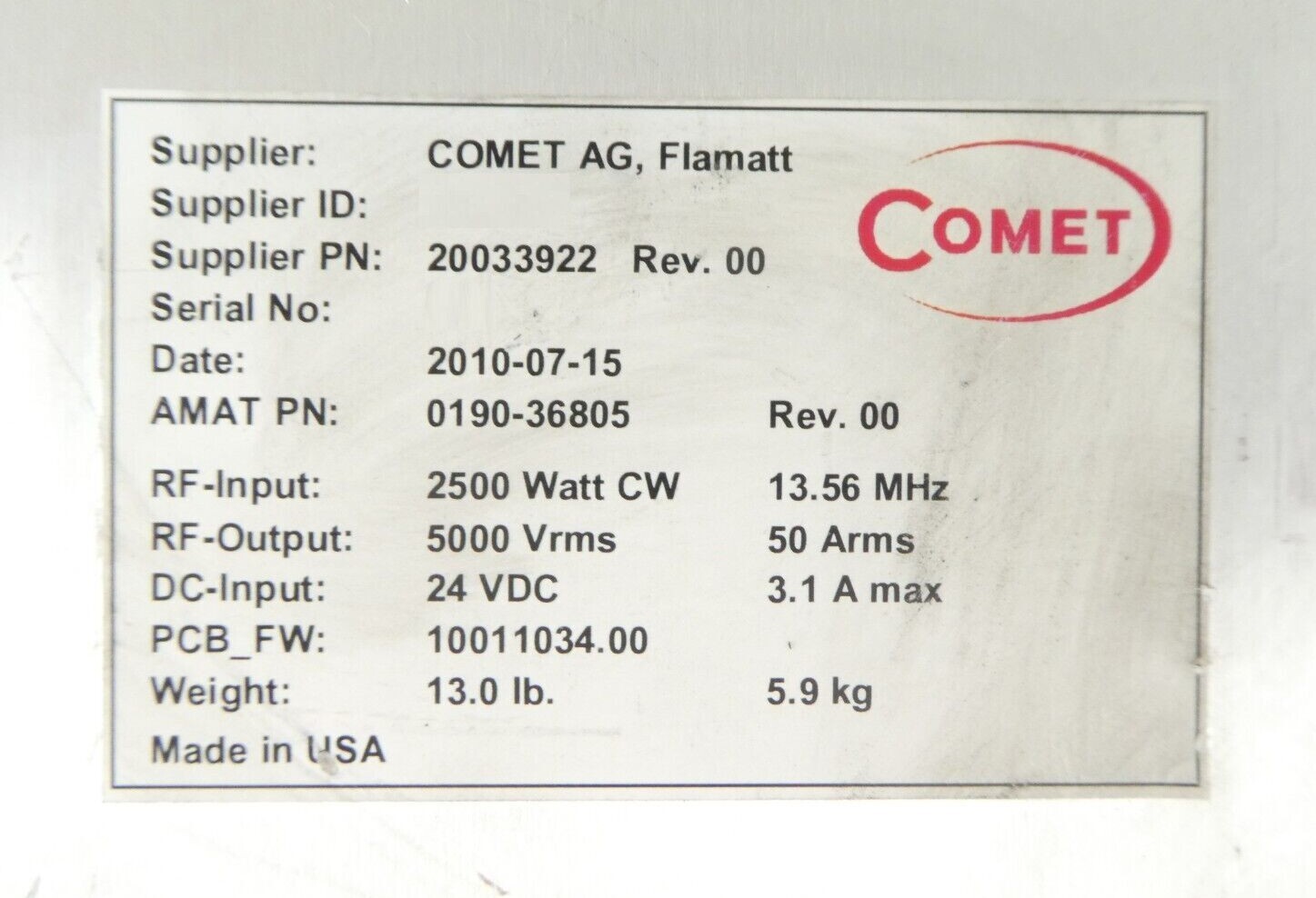 Comet 20033922 RF Impedance Matching Network No Interlock Surplus Spare