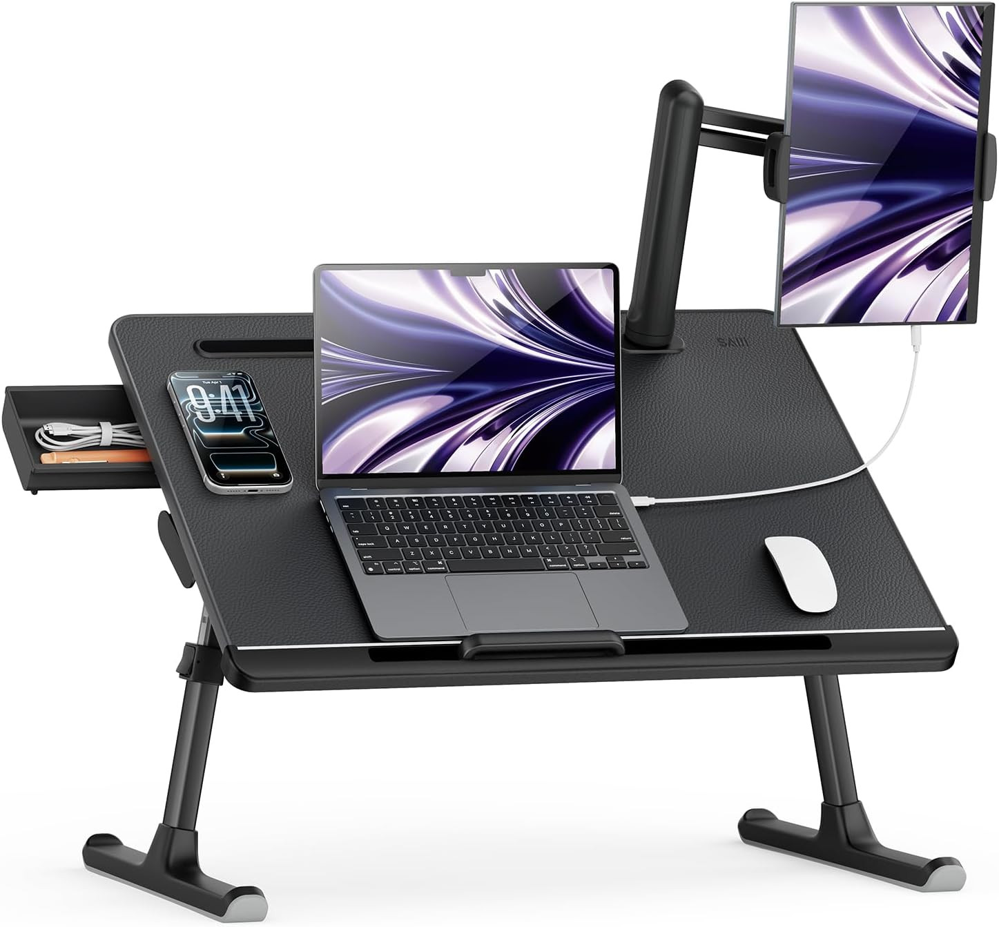 SAIJI Laptop Bed Table for Dual Screens, Lap Desk with Monitor Stand | Height/An