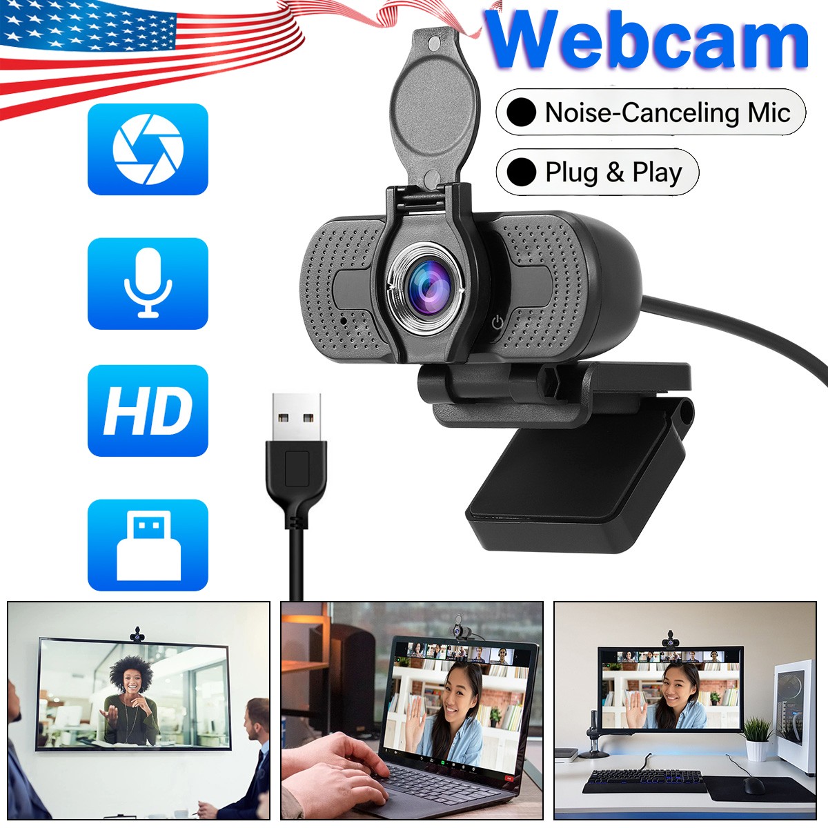 1080P HD USB Webcam with Microphone & Privacy Cover for PC Laptop Desktop US