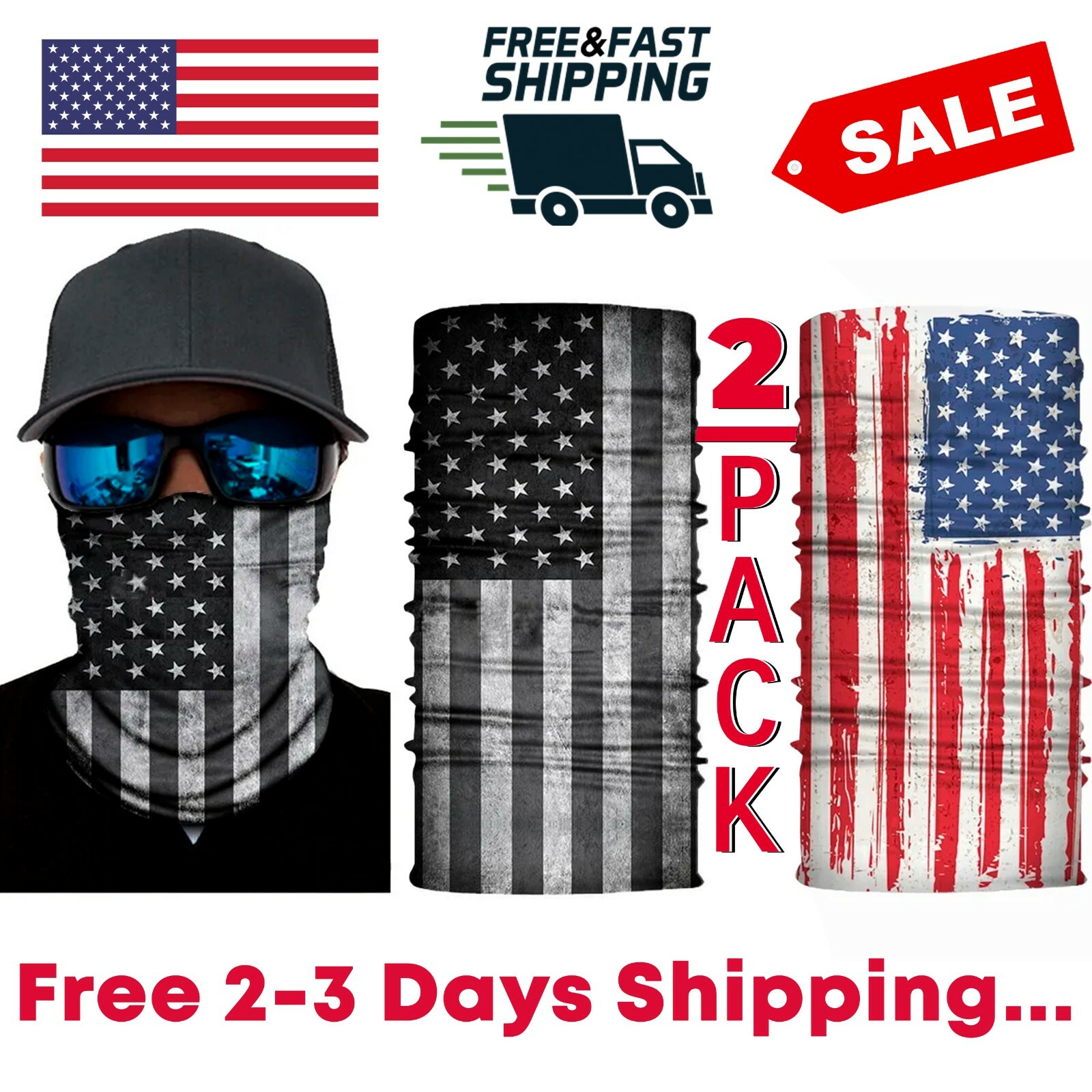 Face Cover Gaiter Unisex Bandana American Flag Headband Cover Tube 2 Pack SALE!!