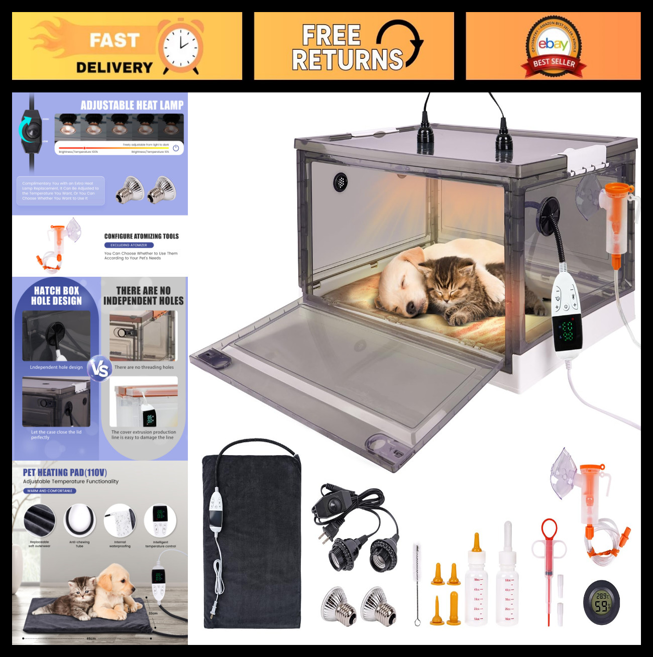 Puppy & Kitten Incubator with Heating, Oxygenator, Temp/Humidity Control & Bed M