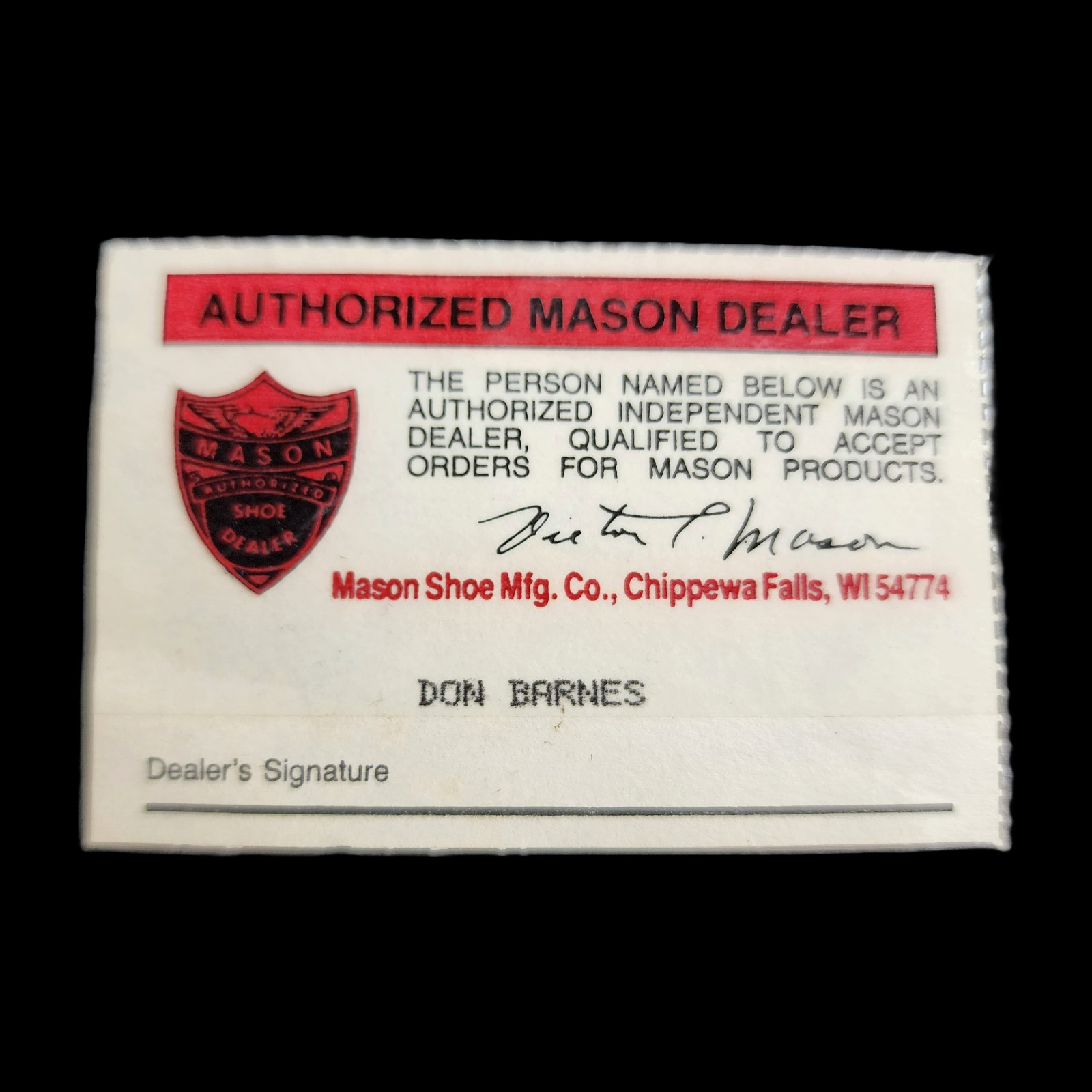 Vintage Mason Shoes Authorized Dealer-Salesman Card
