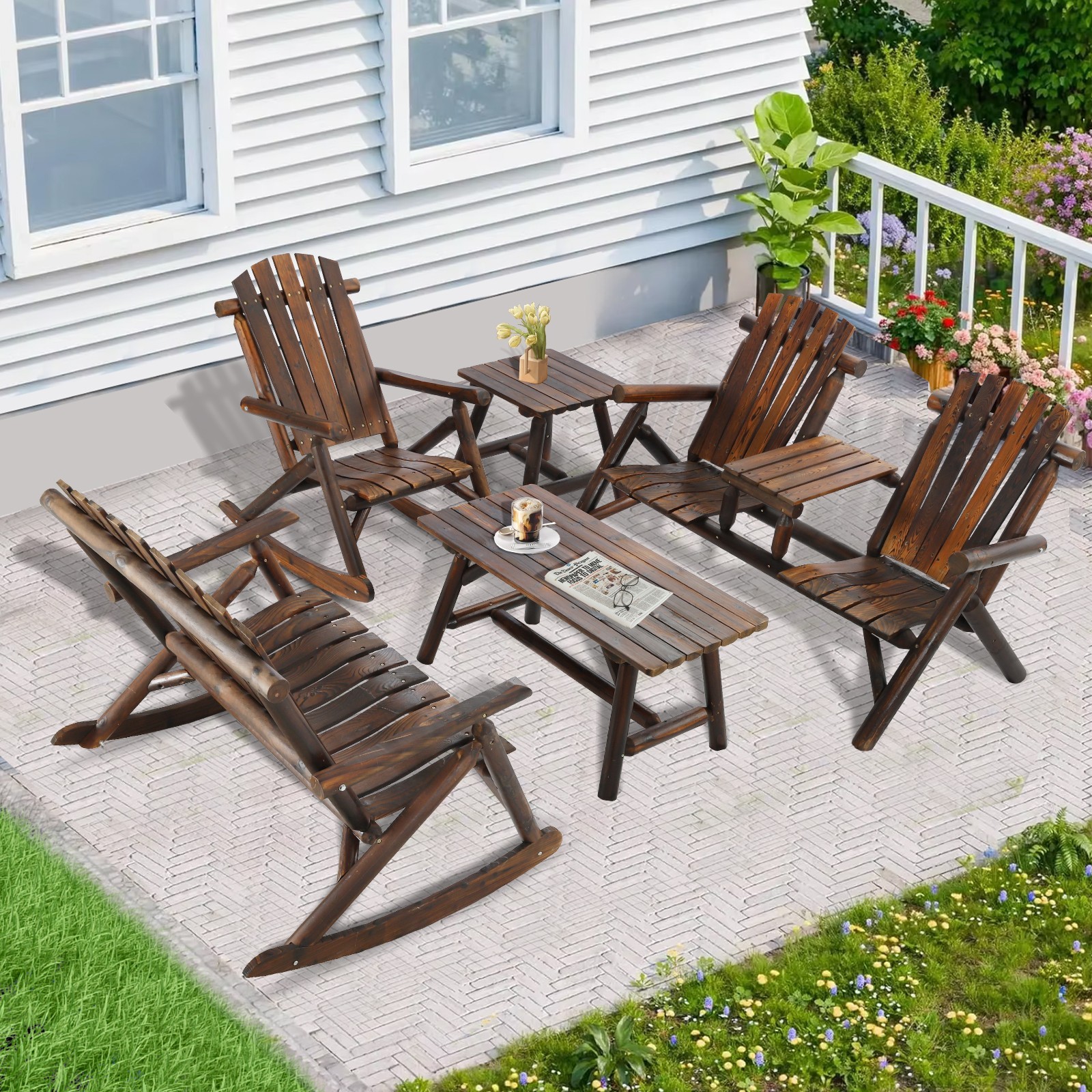 Outdoor Wooden Patio Conversation Furniture Rocking Chair Table Set for Backyard
