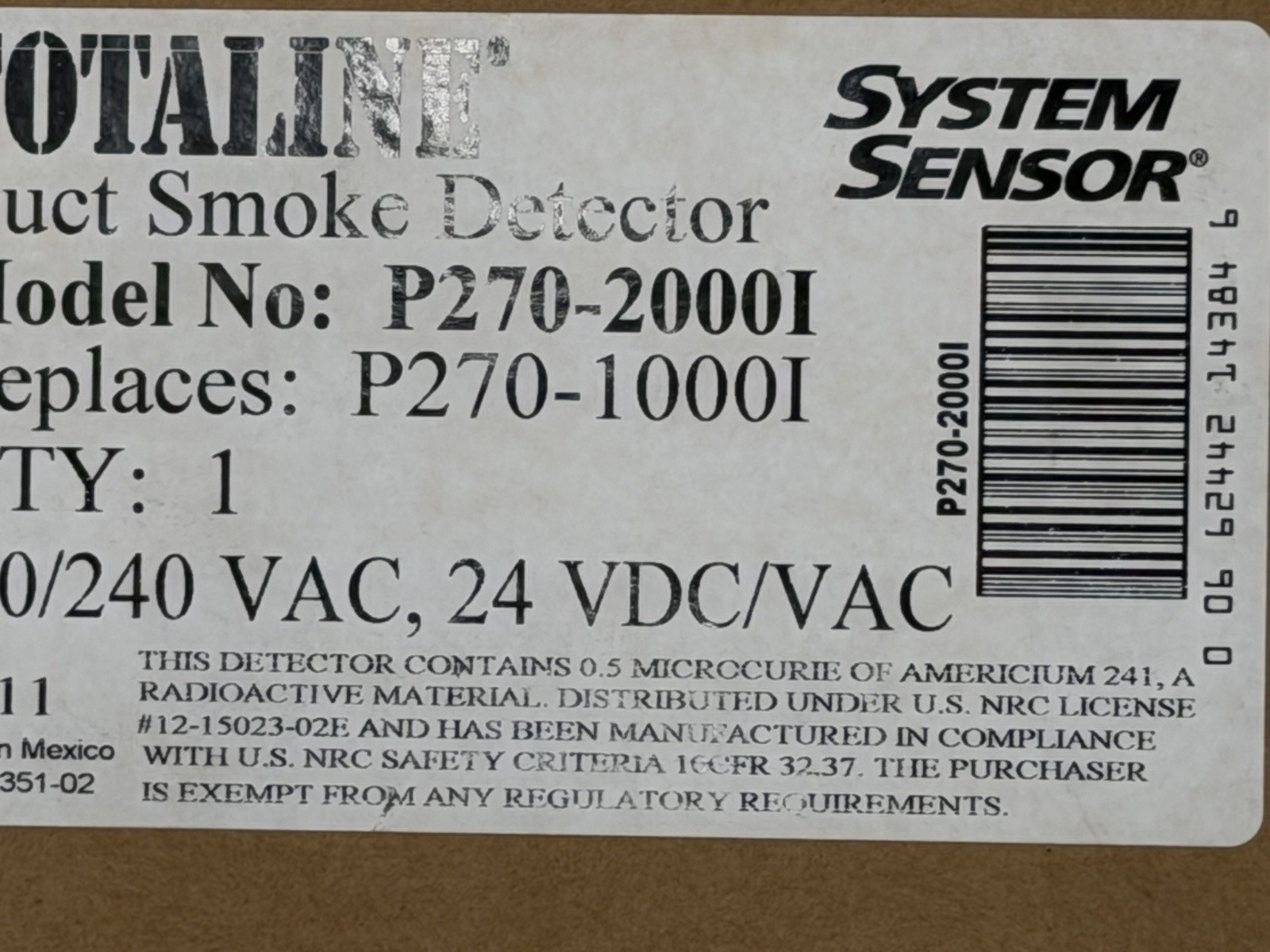 System Sensor Duct Smoke Detector P270-2000I 24VDC/VAC 120/240VAC