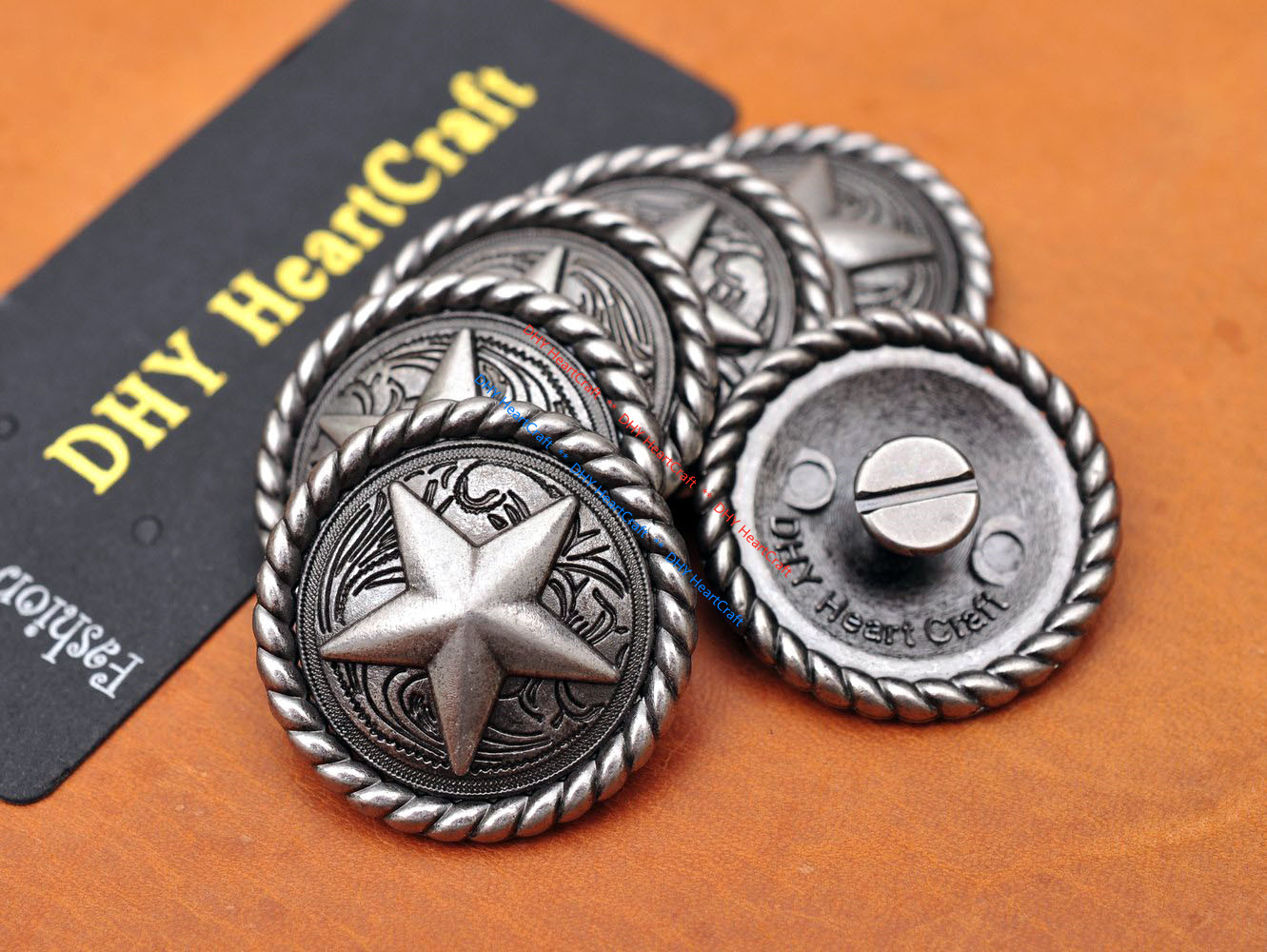 Set of 10 VINTAGE NICKLE ROUND ROPE EDGE STAR SADDLE LEATHERCRAFT CONCHOS 1-1/4"