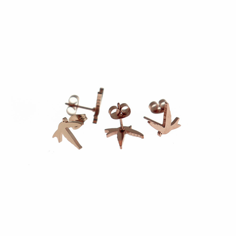 Rose Gold Stainless Steel Earrings - Bird Studs - 13mm - 2 Pieces 1 Pair - ER455