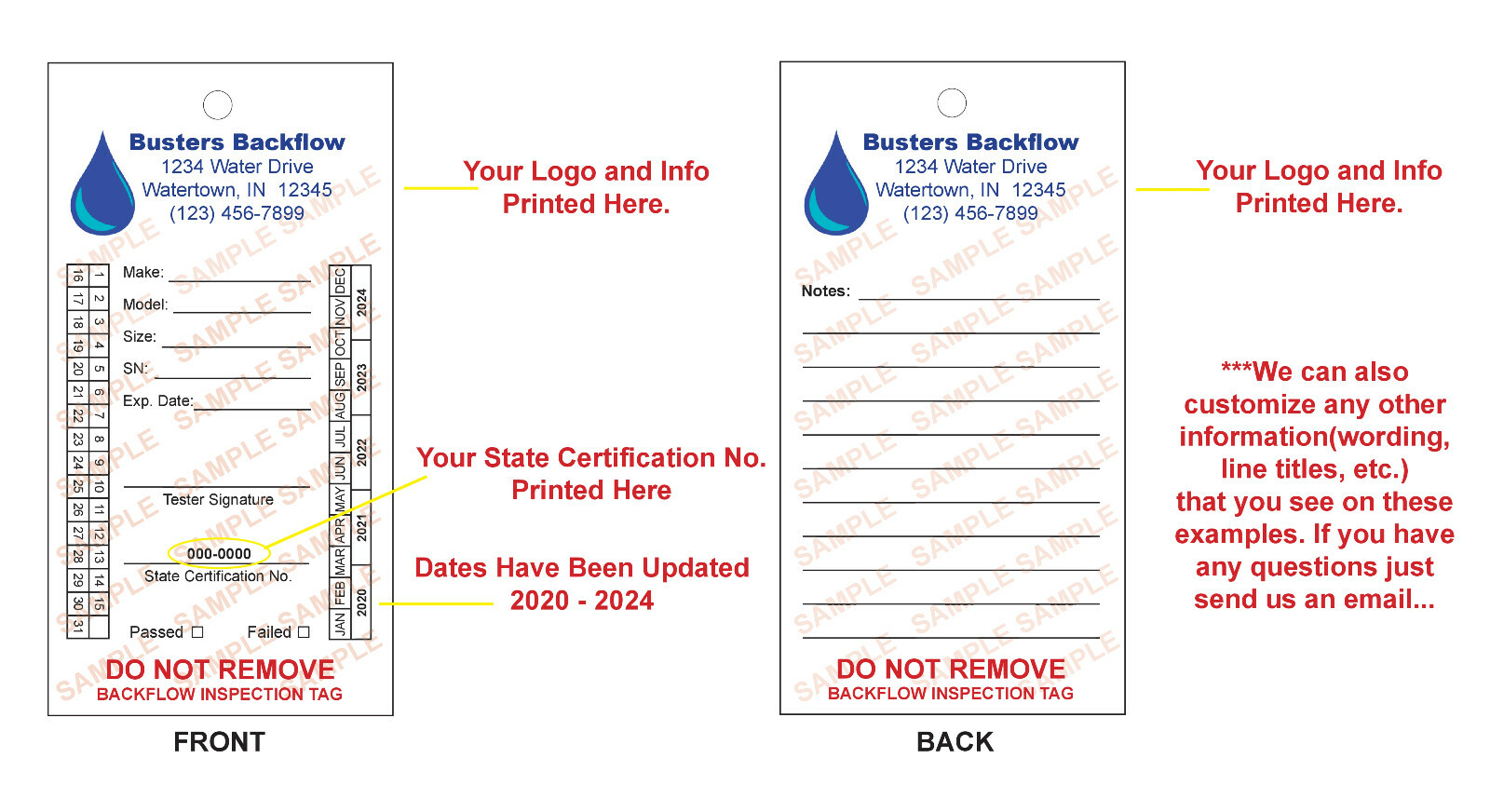 Backflow Inspection Tags - Custom Print - Waterproof - UV Resistant (Pkg of 100)