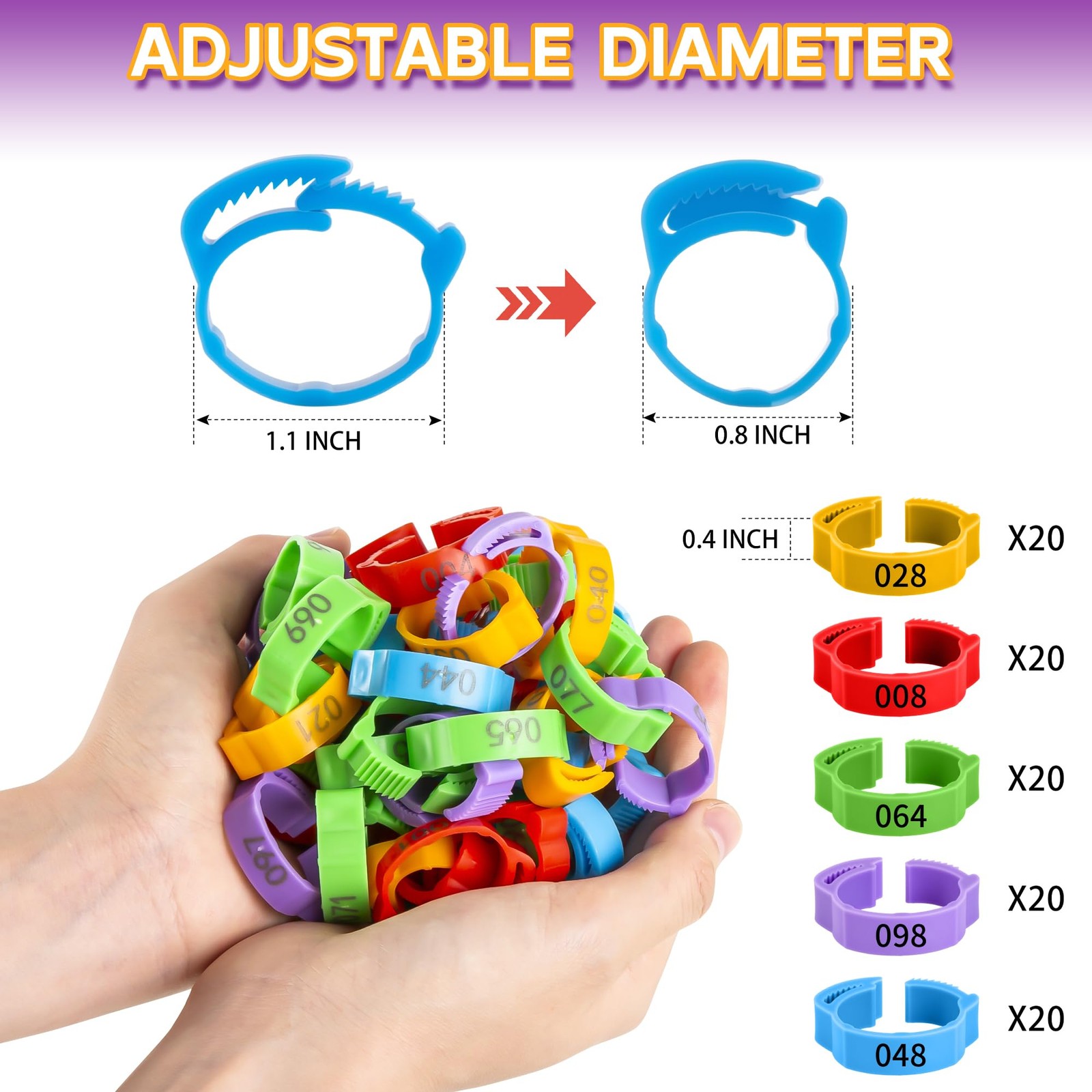 100pcs Chicken Leg Bands, 14-22mm Adjustable Poultry Tags, Durable Multi-Colo...