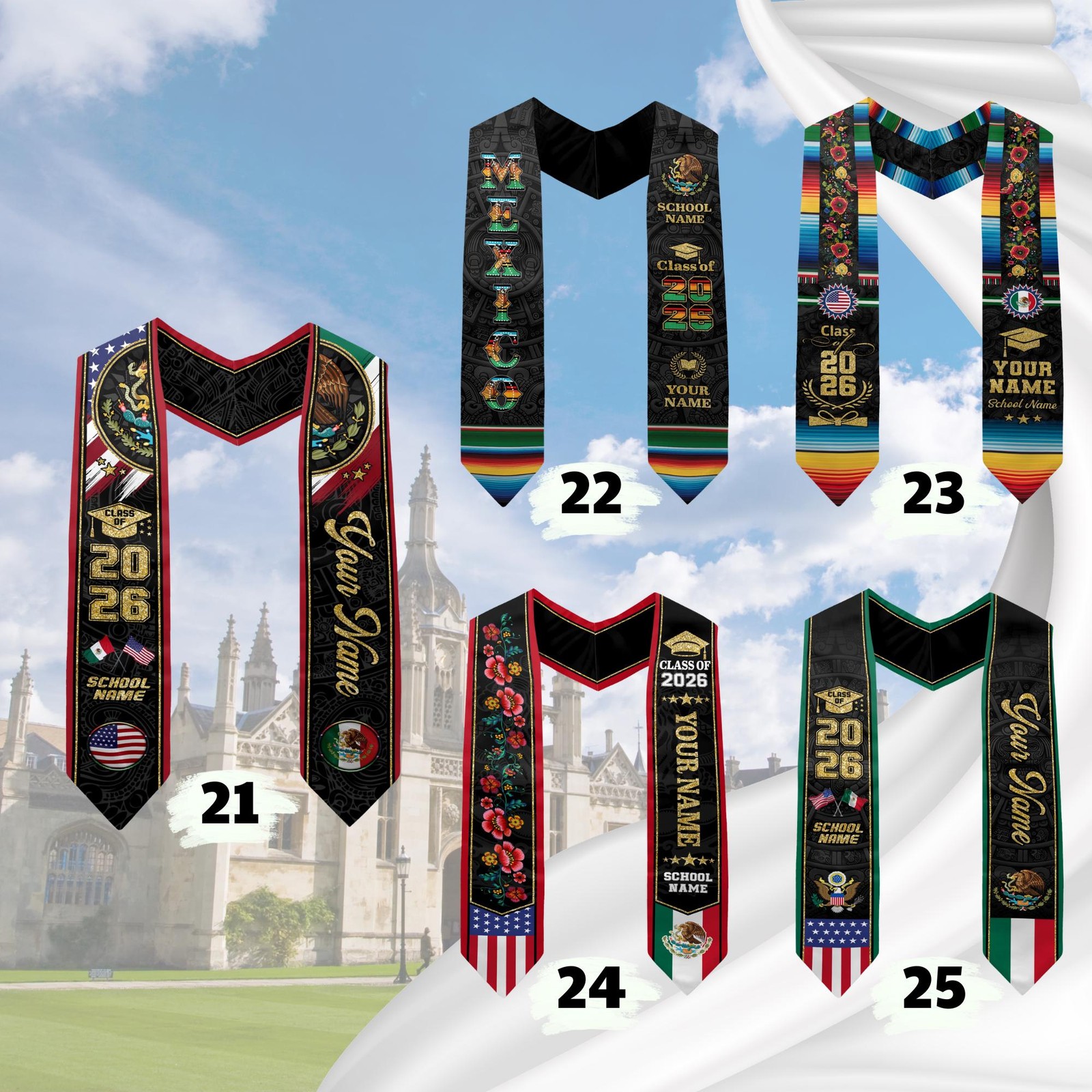 Custom Mexican American Flag Graduation Sash 2026 Mexico Grad Stole
