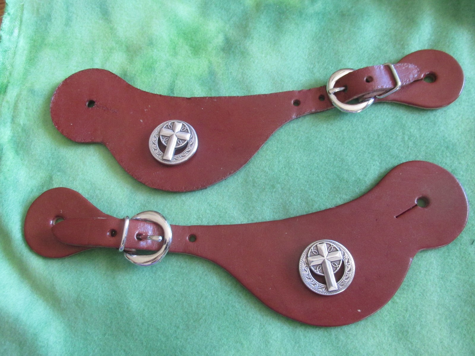 Pewter Cross on round Concho on Brown Latigo Leather Spur Strap