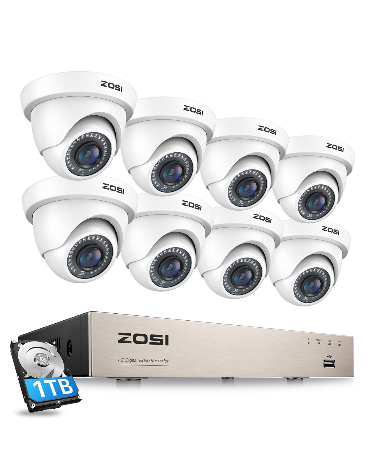ZOSI 8CH 5MP Lite DVR 1080P Security Camera System IR Night Vision 1TB Recording