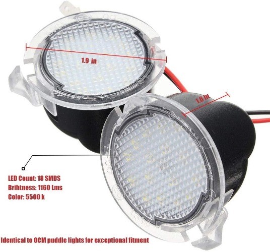 2PC Full LED Side Under-Mirror Puddle Light Lamp Assembly Replace Color: White