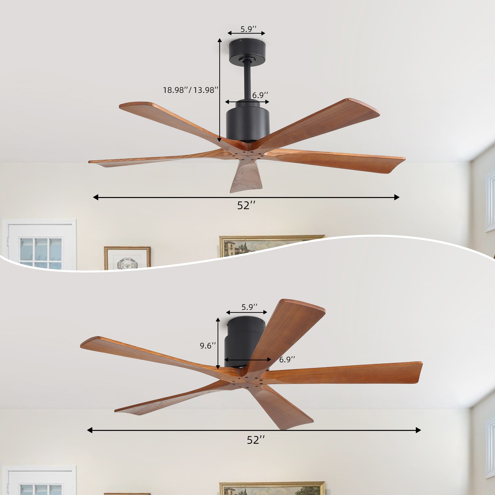 52"Matte Black Ceiling Fan without Light - Walnut Wood Blades, Remote Control