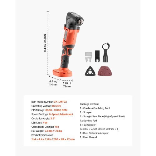 Cordless Oscillating Tool, 20V Multitool Oscillating Tool with 6 Variable Speeds