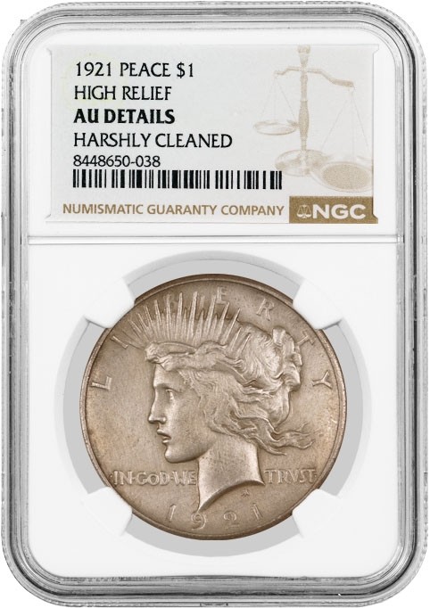 1921 High Relief $1 Silver Peace Dollar NGC AU Details Harshly Cleaned #038