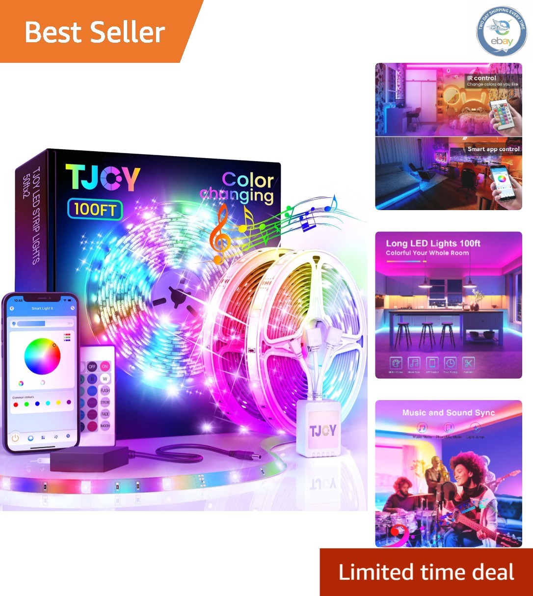 Long 100ft LED Strip Lights for Bedroom & Kitchen - Remote & Bluetooth