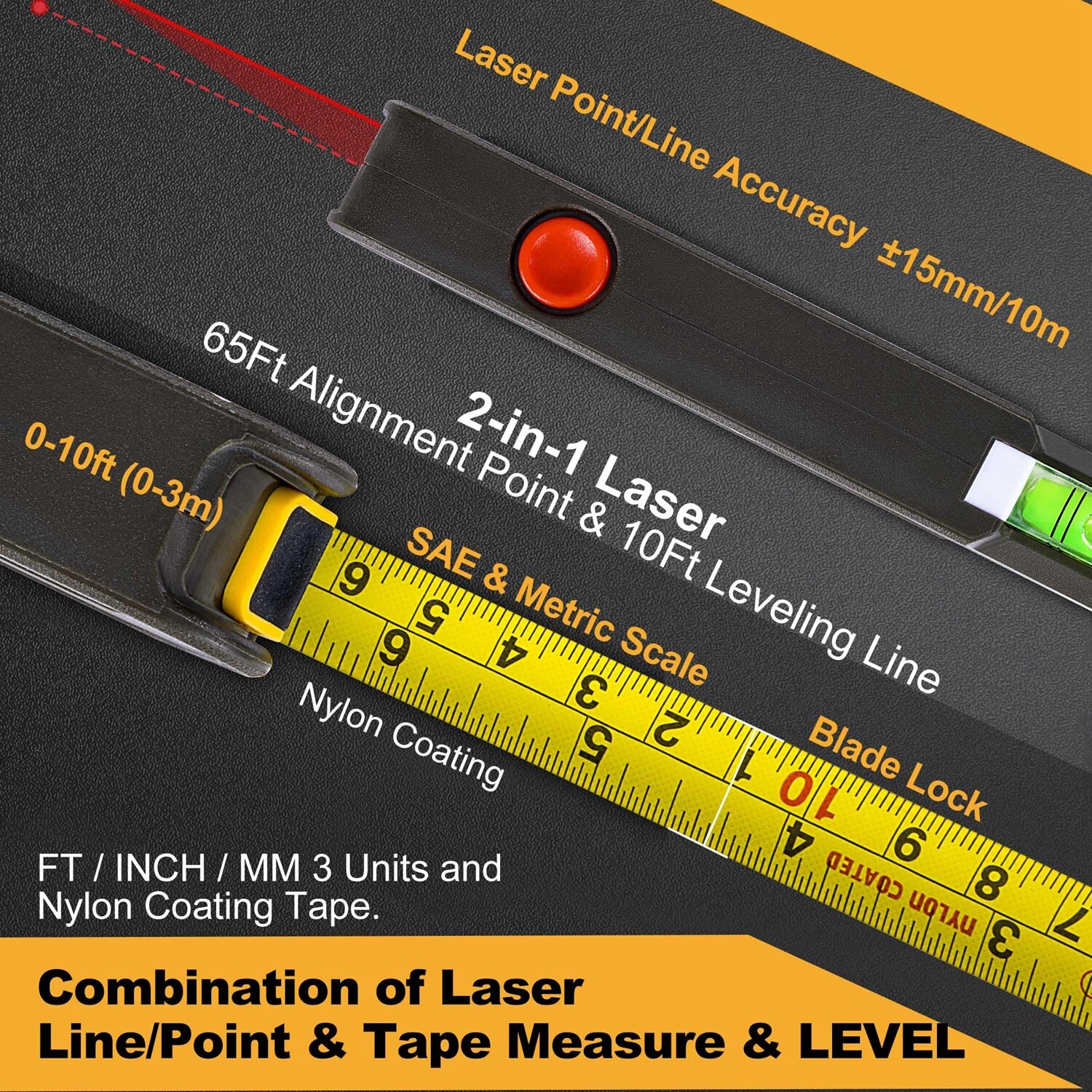 PREXISO 4-in-1 Laser Level Torpedo Level 65Ft Alignment Point 10Ft Leveling Line