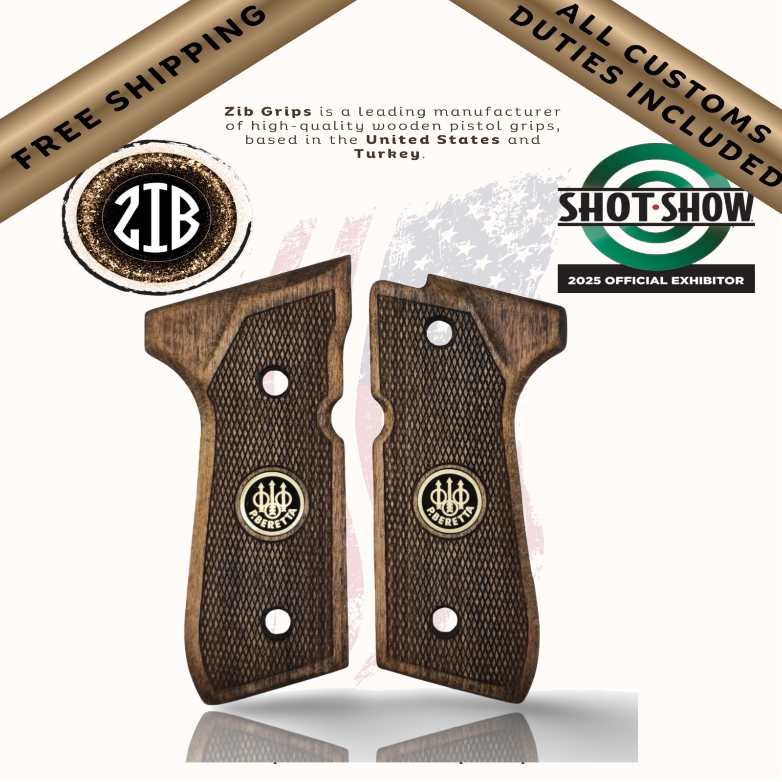 ZIB Grips Fits Beretta® 92FS 92 96 M9 M9A1 Full Size Brass Logo Set Natural Beec