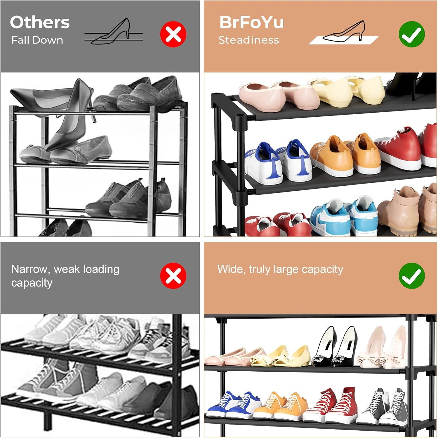 32.3" Widening Design Shoe Rack for Closet 16 Pairs Small Spaces Non-Woven 3 Tie
