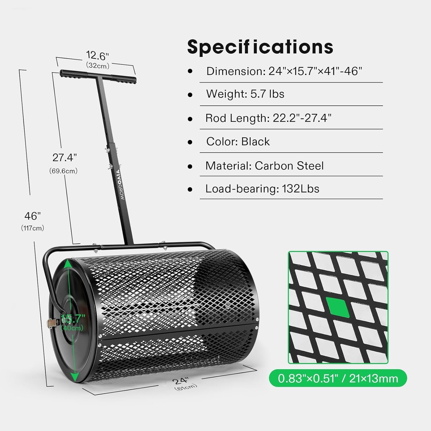 24" Lawn Compost Spreader Peat Moss Roller, Roller Spreader Adjustable Handle