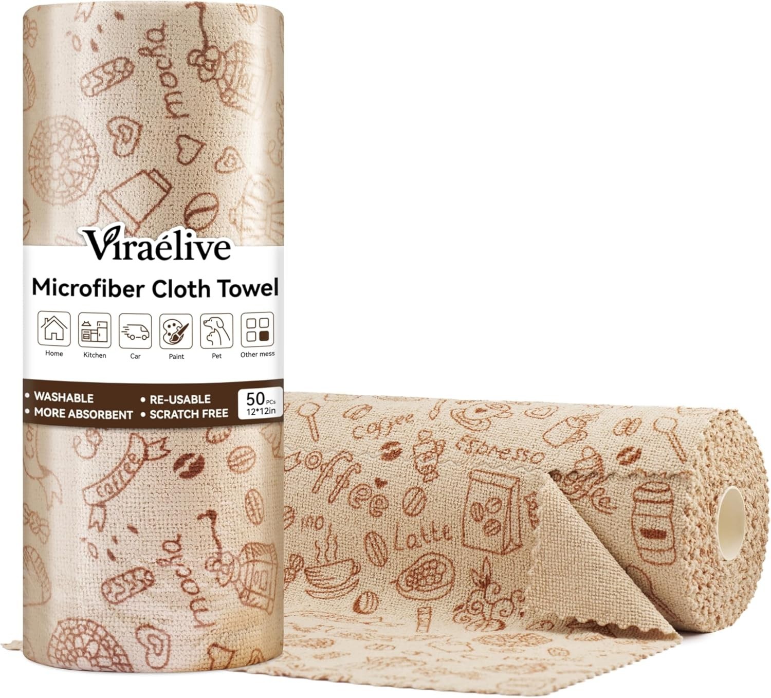 Viraelive Microfiber Cleaning Cloth Roll, 50 Pack, Food Pattern, 12"x12" | Re...
