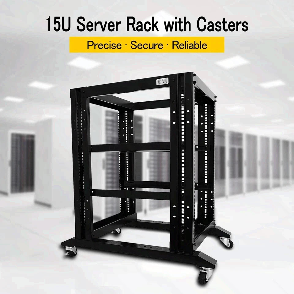 15U 4 Post Open Frame 19" Server Steel Rack 24" Deep With Supporting rails