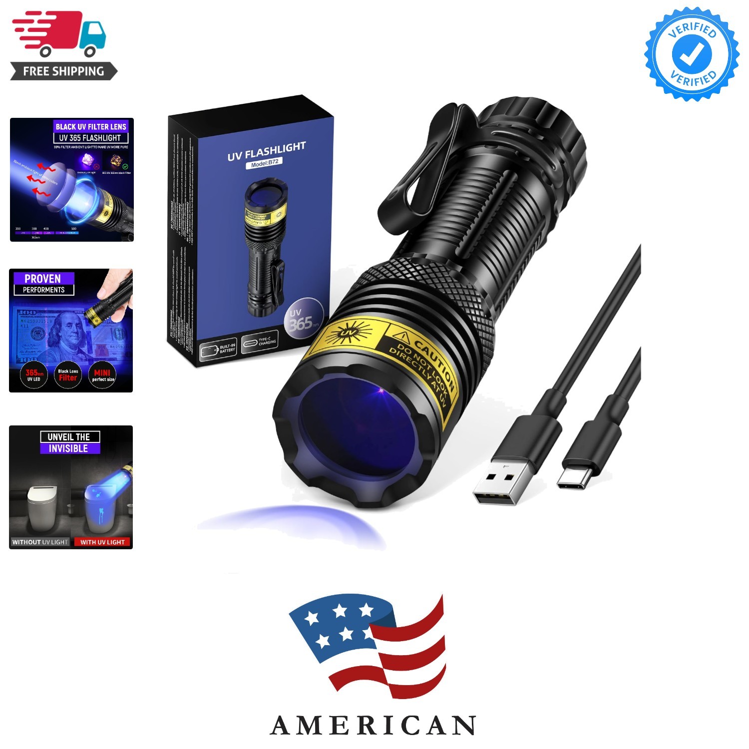 UV Flashlight USB-C Rechargeable 365nm, Mini Black Light Flashlight | Wood's ...