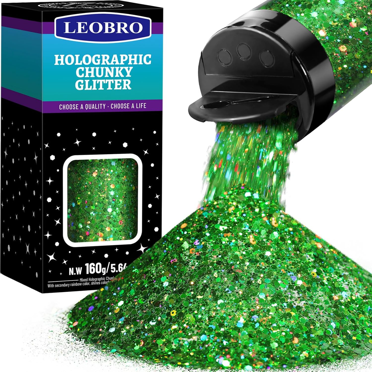 Green Glitter, 160G/5.64Oz Holographic Chunky Glitter for Crafts, Resin, Nail Bo