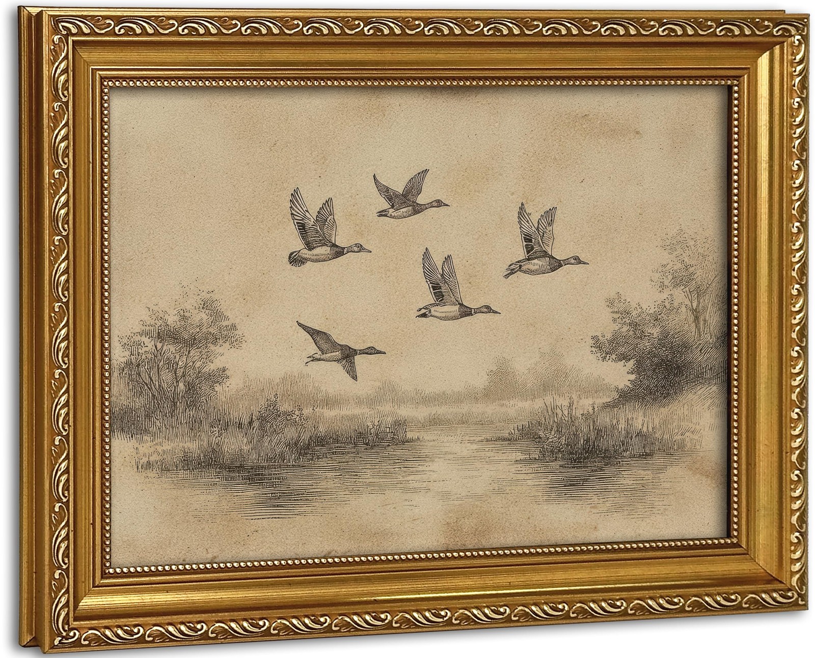 Vintage Ornate Gold Framed Duck Wildlife Wall Art 9"L x 11"W, Sketching ducks