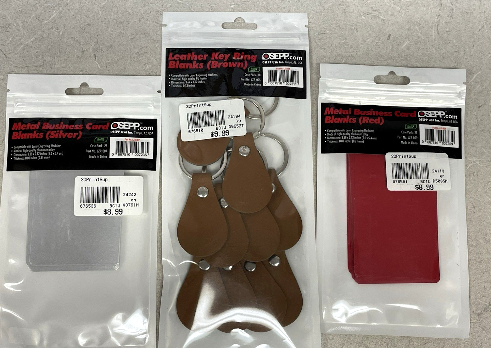 Leather Key Rings (Brown) & Metal Business Cards Blanks Silver and Red)Engraving