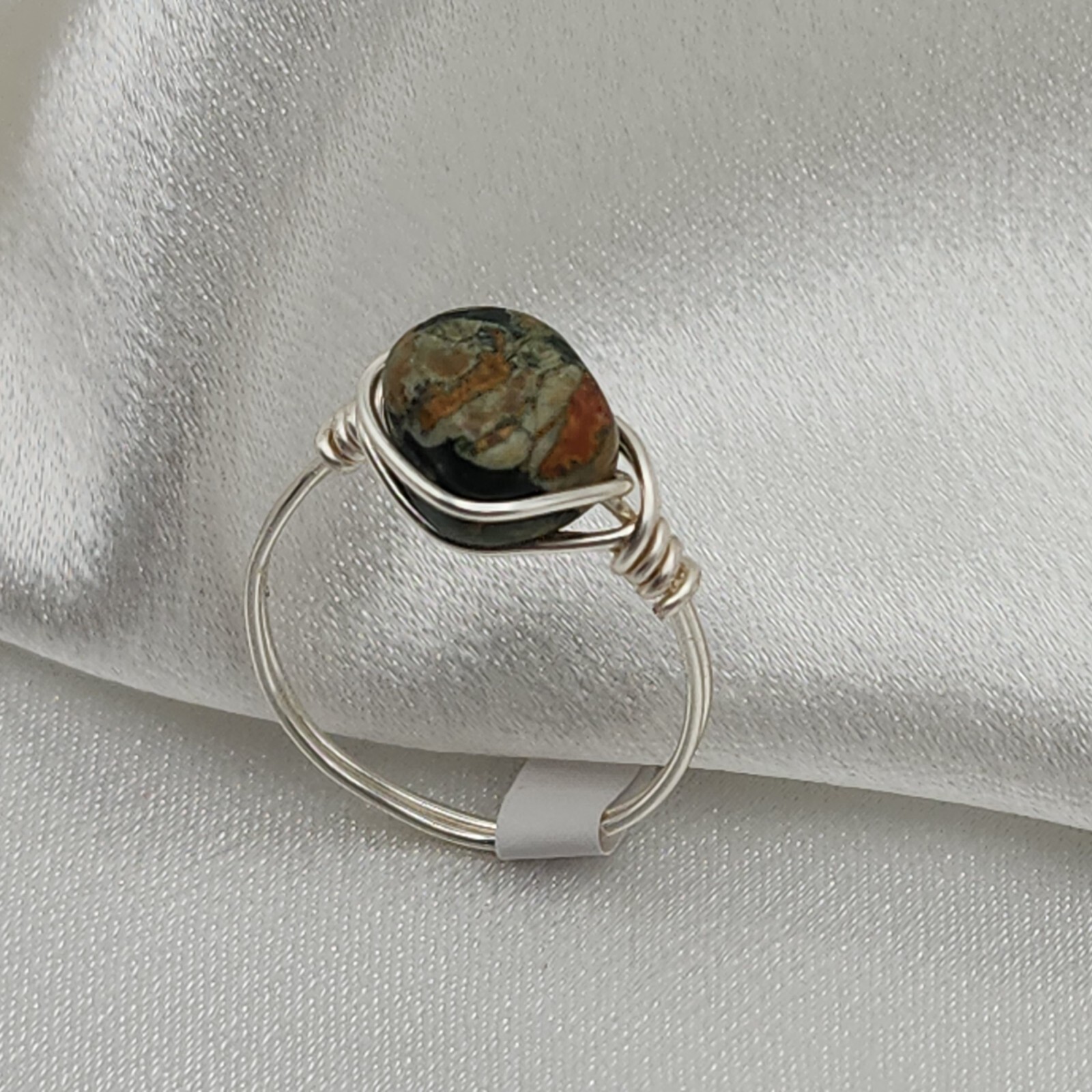 Wire Wrapped Moss Agate Stone Ring Size 8 - Rustic Handcrafted Minimal Jewelry