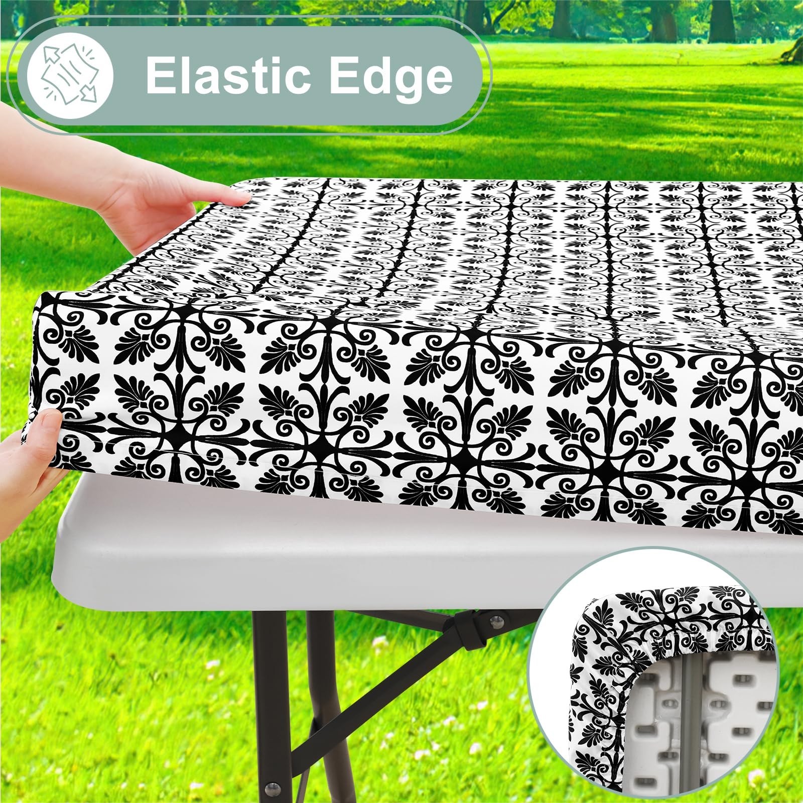 misaya 2 Pack 8 Foot Rectangle Picnic Tablecloth, Elastic Fitted Waterproof T...