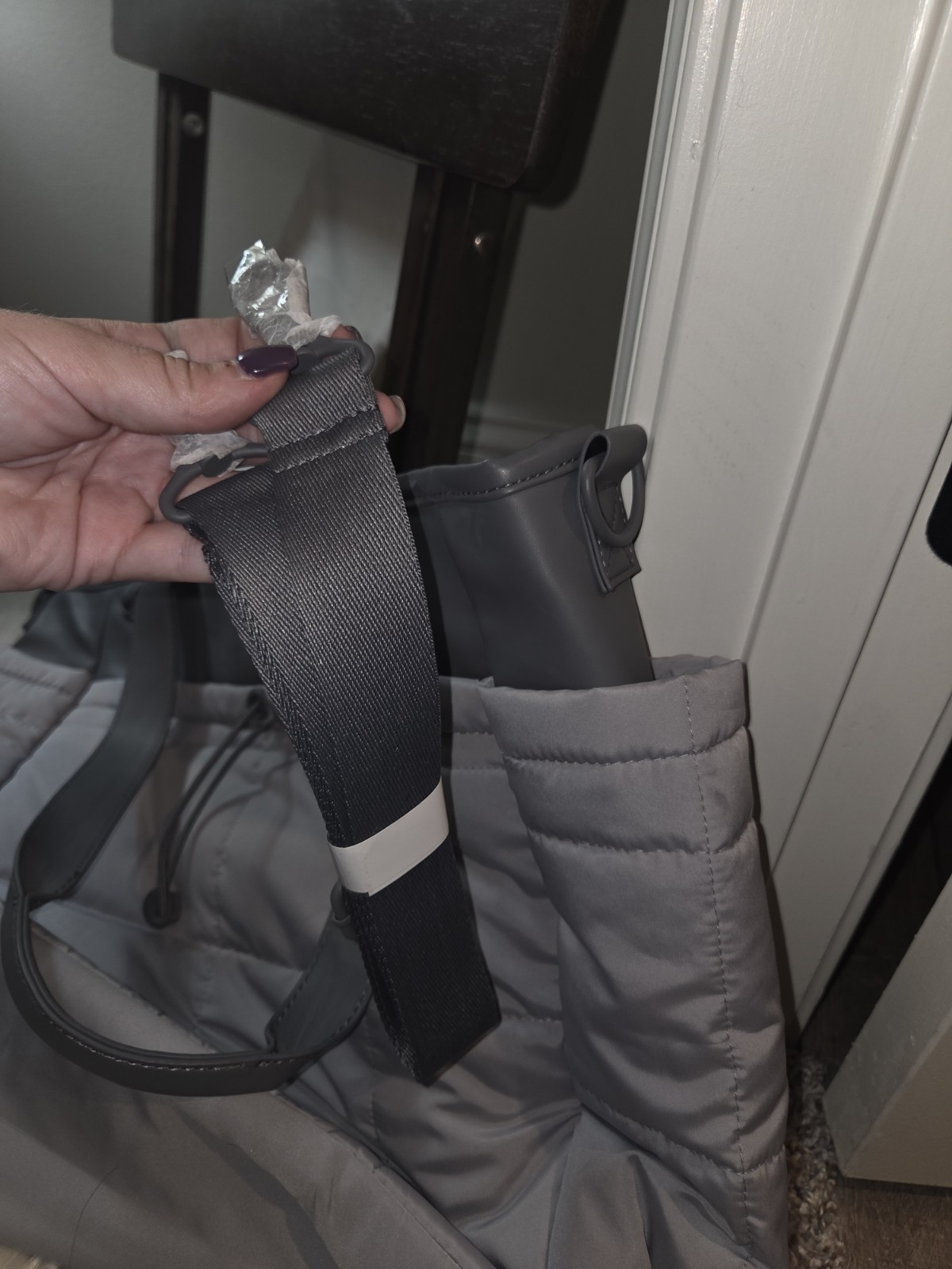 Gray Solid Quilted Laptop Bag Tote with Outer Pockets & Detachable Strap