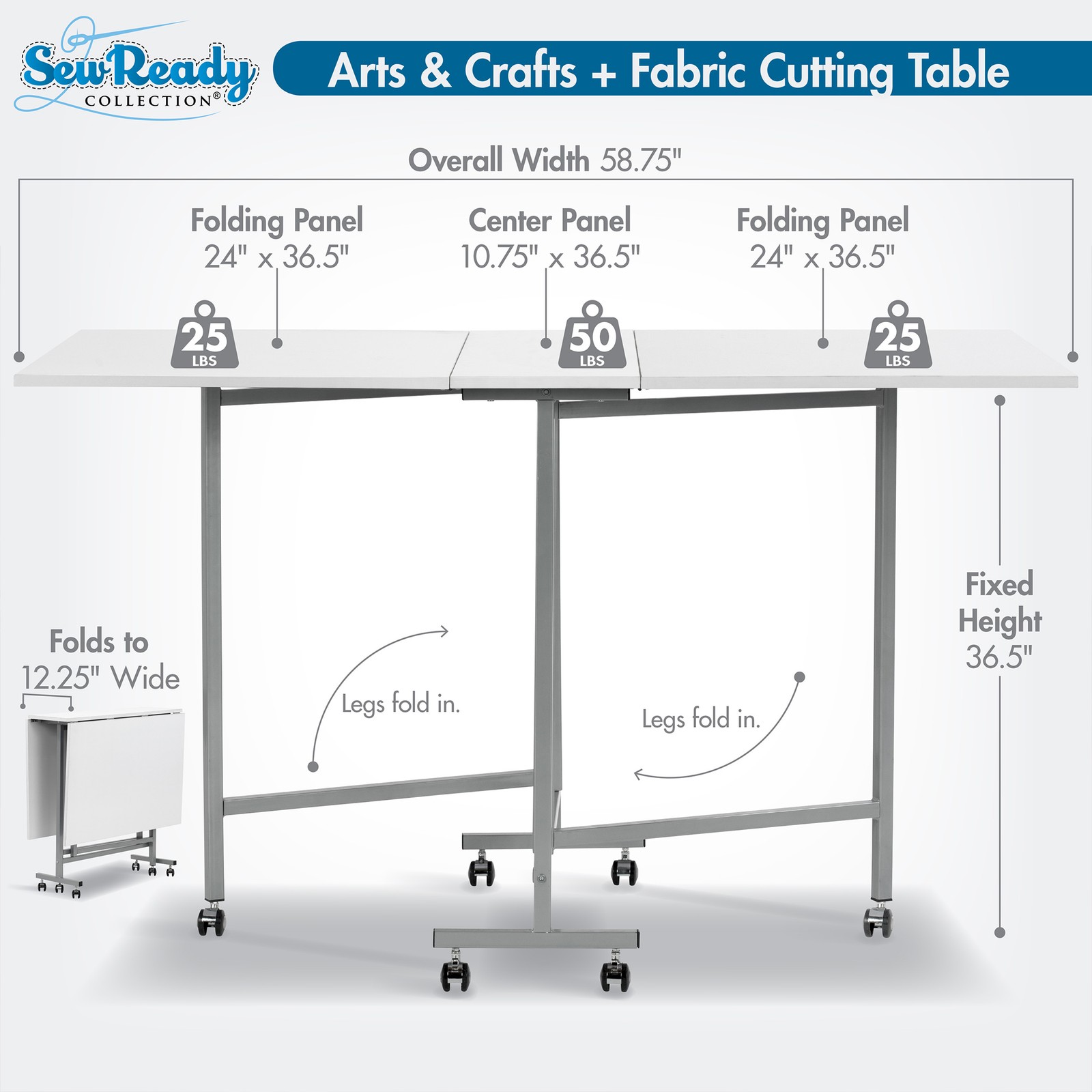 Sew Ready Folding Craft and Cutting Standing Table with Wheels, Silver/White
