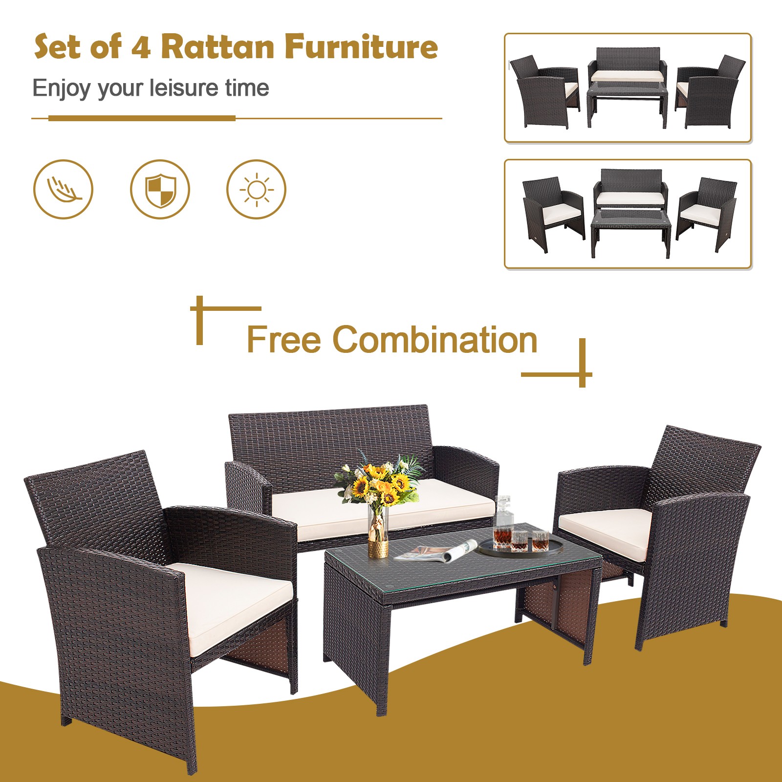 Topbuy 4 PCS Outdoor Patio Furniture Sets Rattan Sofas w/ Soft Cushion White