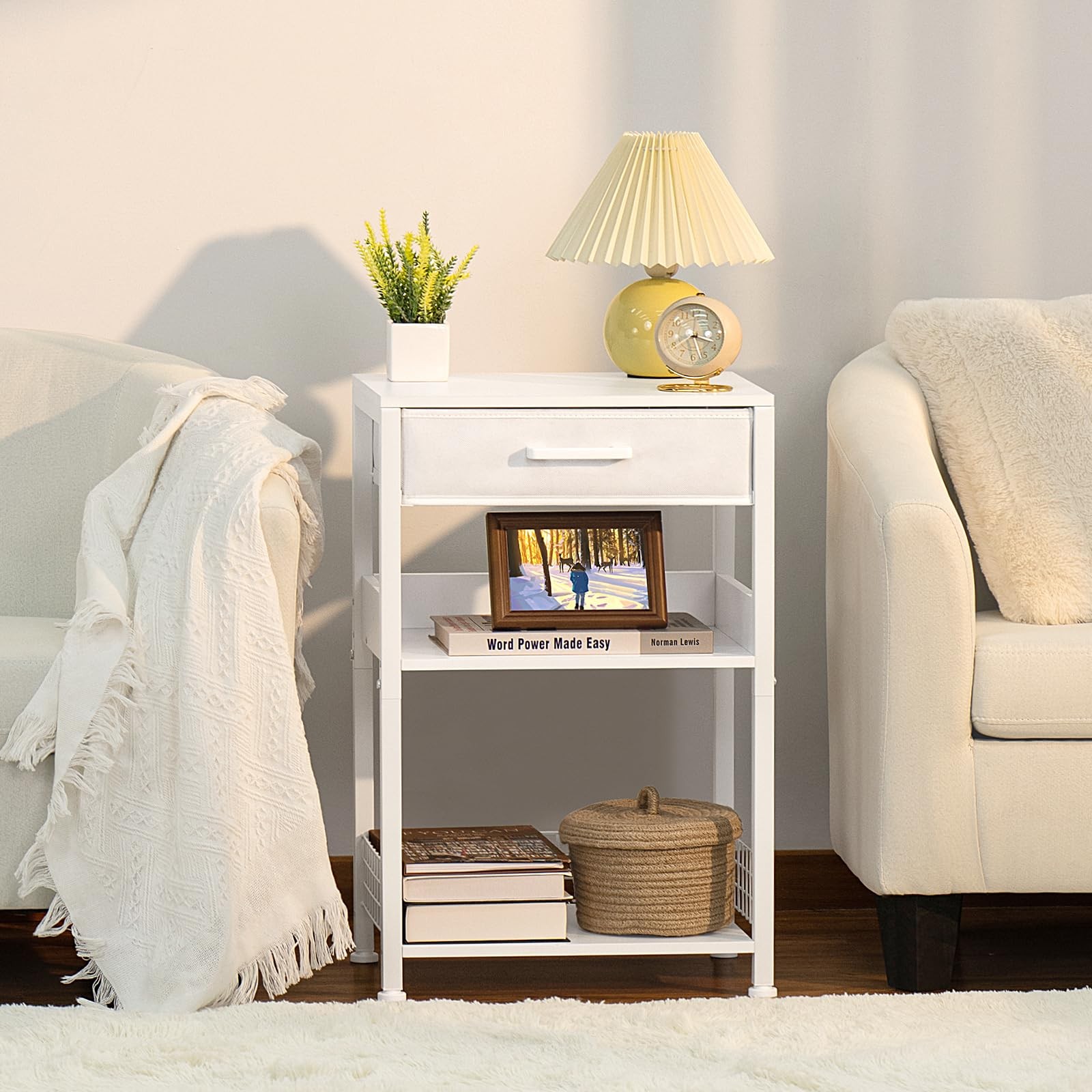 White Printer Stand with Fabric Drawer 3 Tier Side Table Storage Shelf