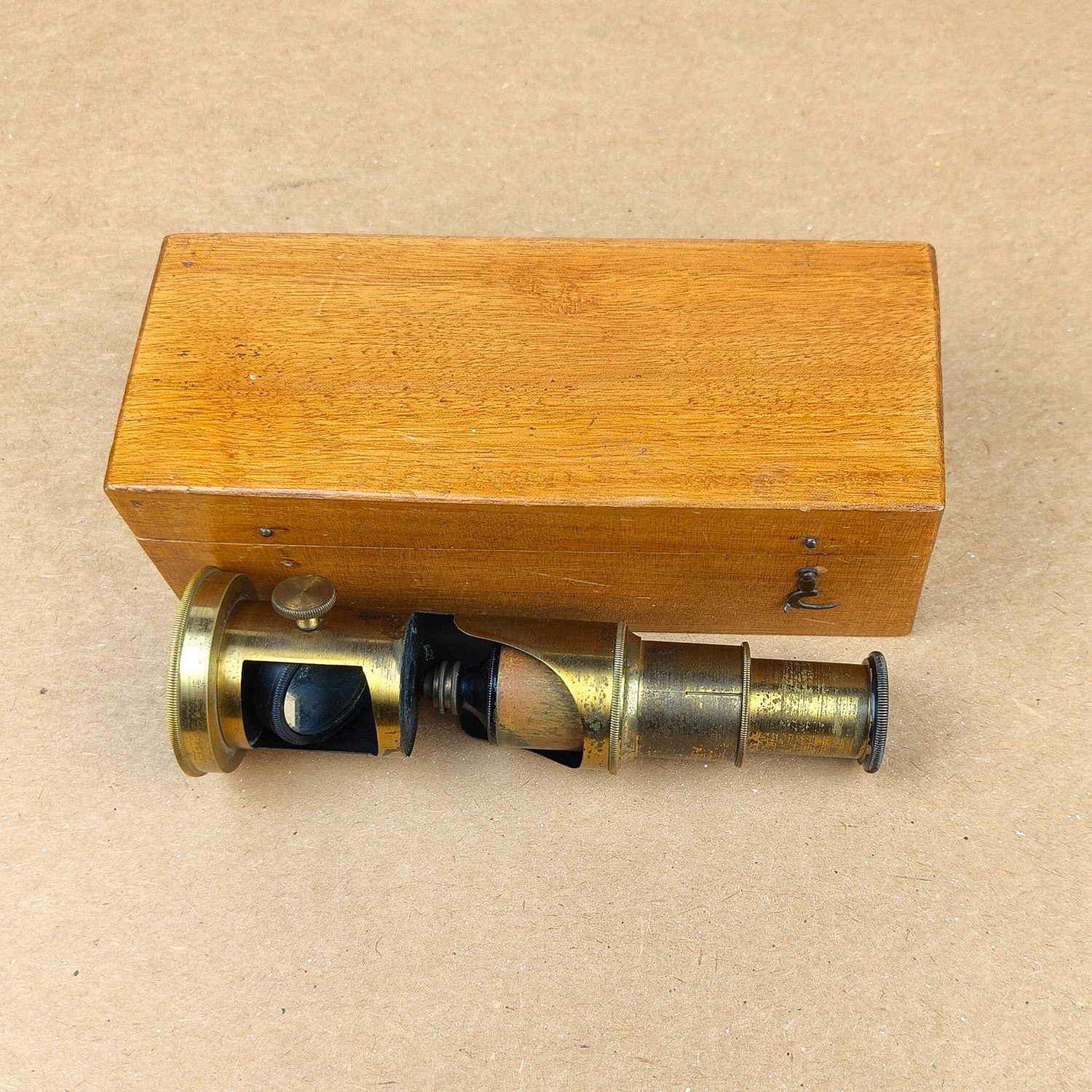 Antique Compact Brass Microscope with Original Case. Early Scientific Instrument