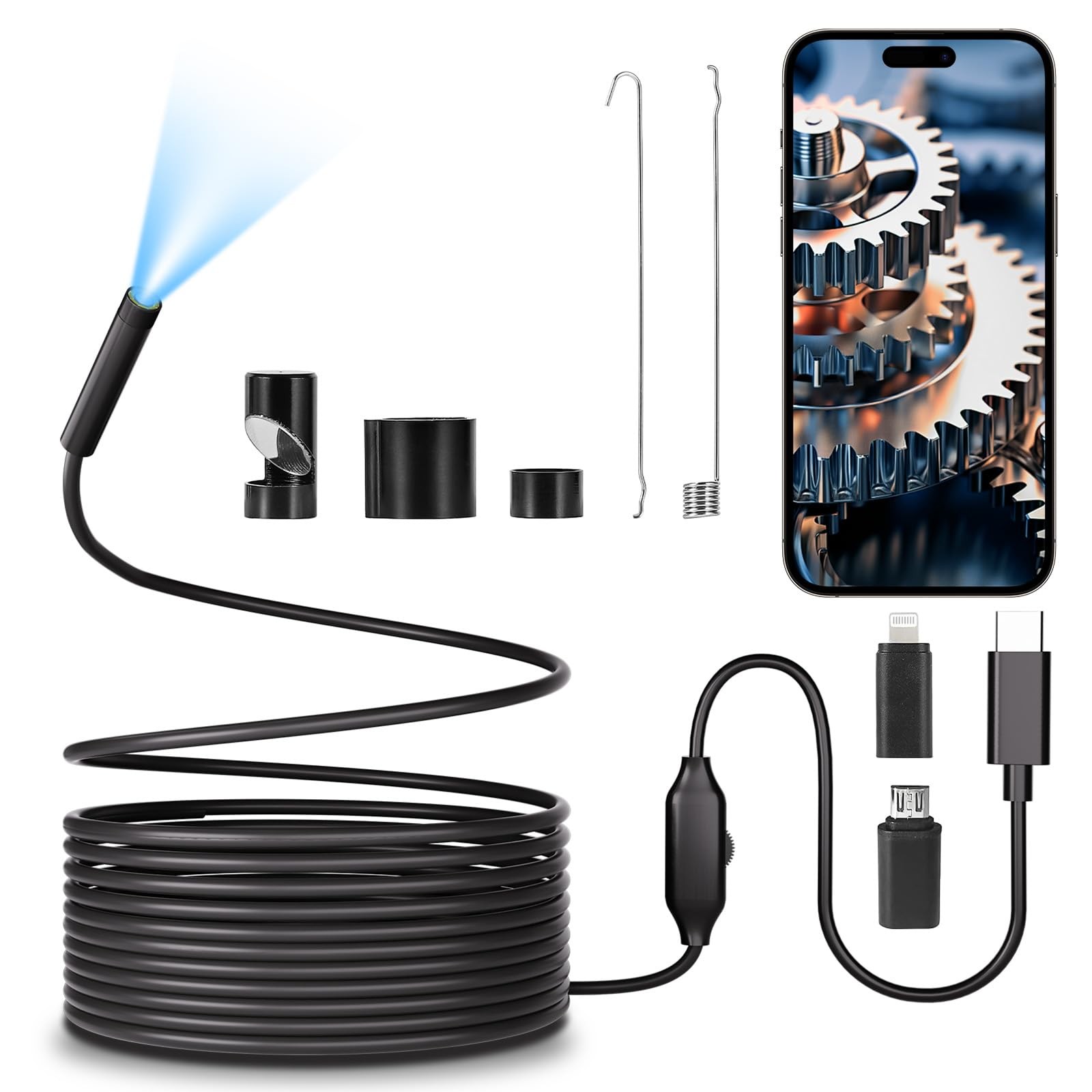 POLEDY Endoscope Camera with Light, 1920P HD Borescope, 8 Adjustable black