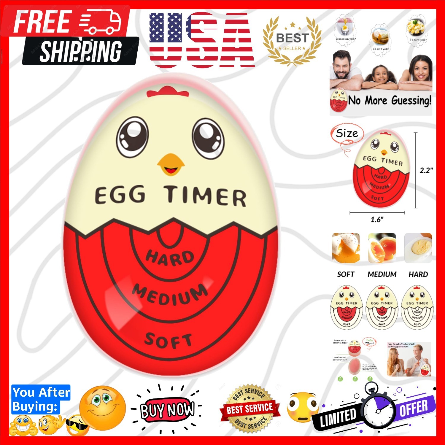Egg Timer for Boiling Eggs that Changes Color When Done, Red