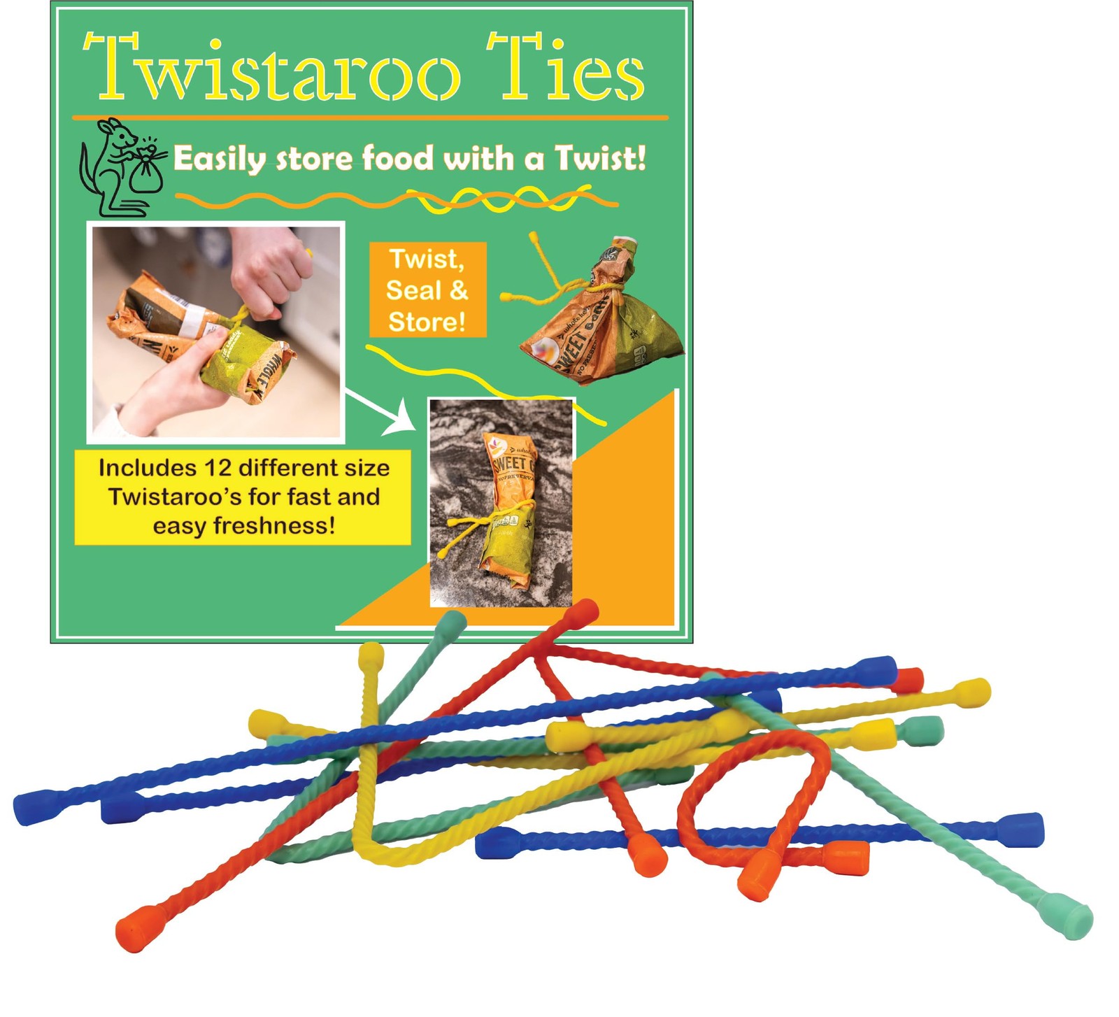 Twistaroo Ties – 12-Pack Reusable Colorful Twist Ties for Food Storage - Heav...