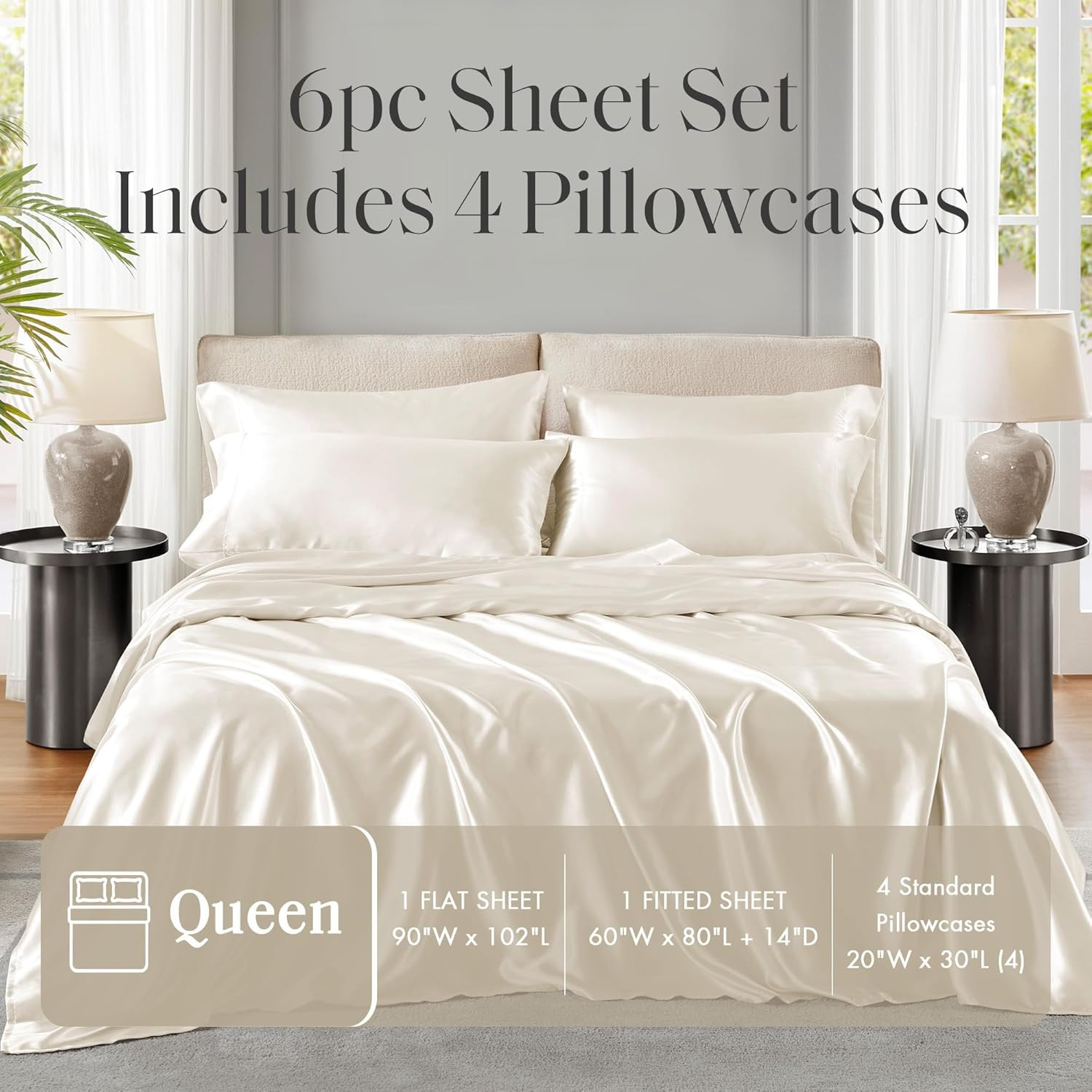 Essentials Polyester Satin 6 Piece Sheet Set with Ivory MPE20-904, Queen