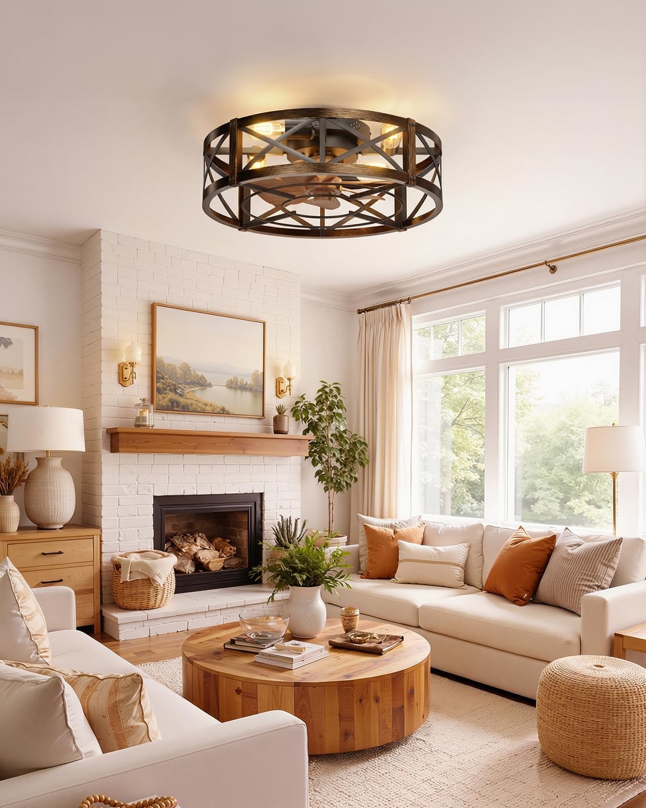 Caged Ceiling Fan with Light and Remote, 20" Low Profile Flush Mount Ceiling ...